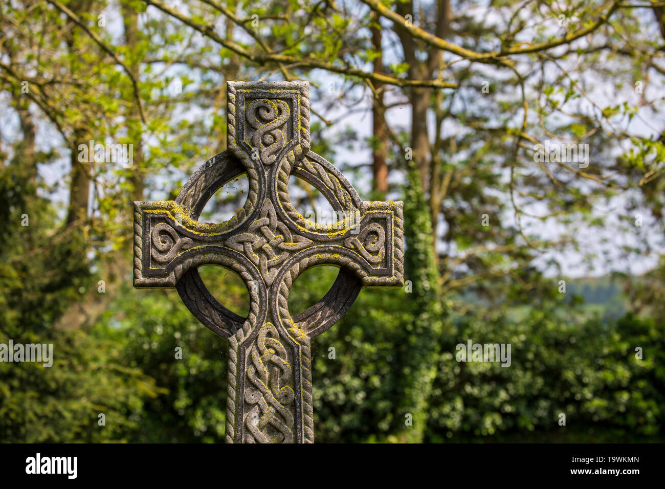 Une croix celtique sculptée dans un cimetière anglais Banque D'Images