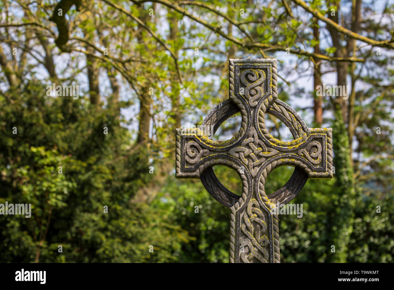 Une croix celtique sculptée dans un cimetière anglais Banque D'Images