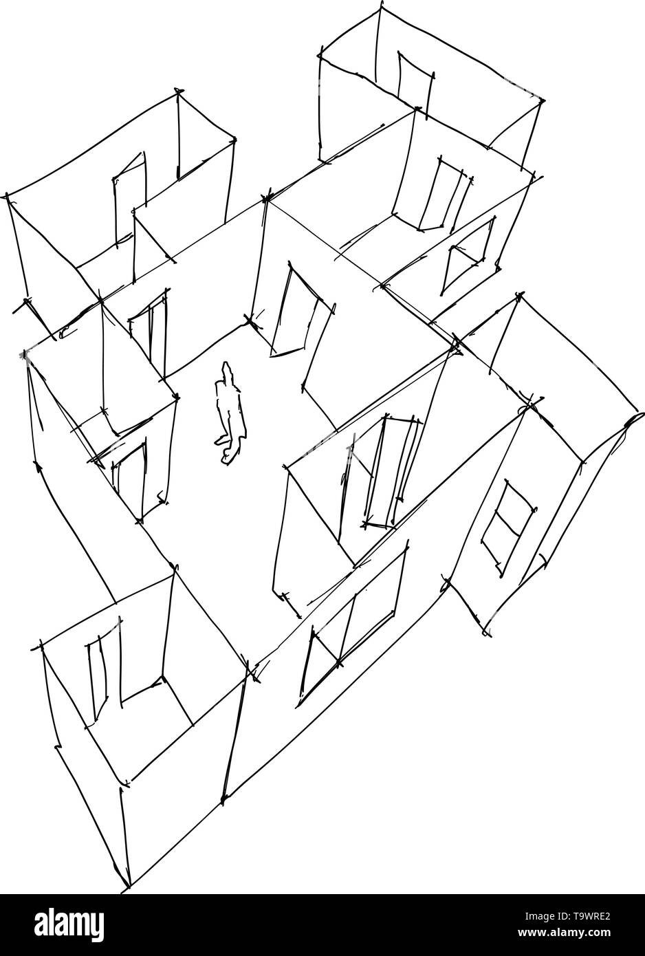 Croquis d'architecture dessiné à la main d'abstract appartement ou étage avec portes et fenêtres et homme seul Illustration de Vecteur