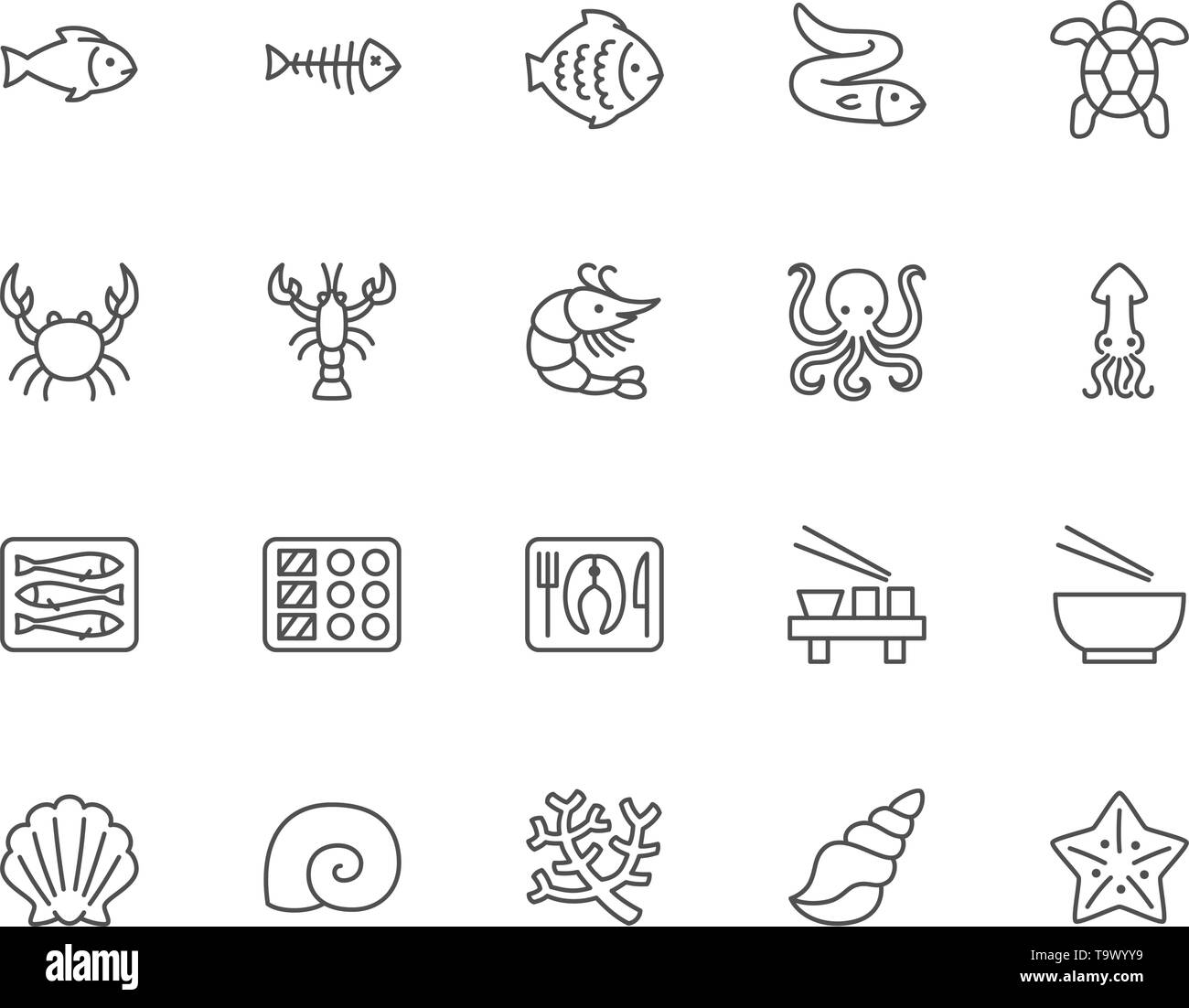 Ensemble d'icônes de ligne de fruits de mer. En arêtes de poisson, anguille, flet, tortues, crabes, et plus encore. Illustration de Vecteur
