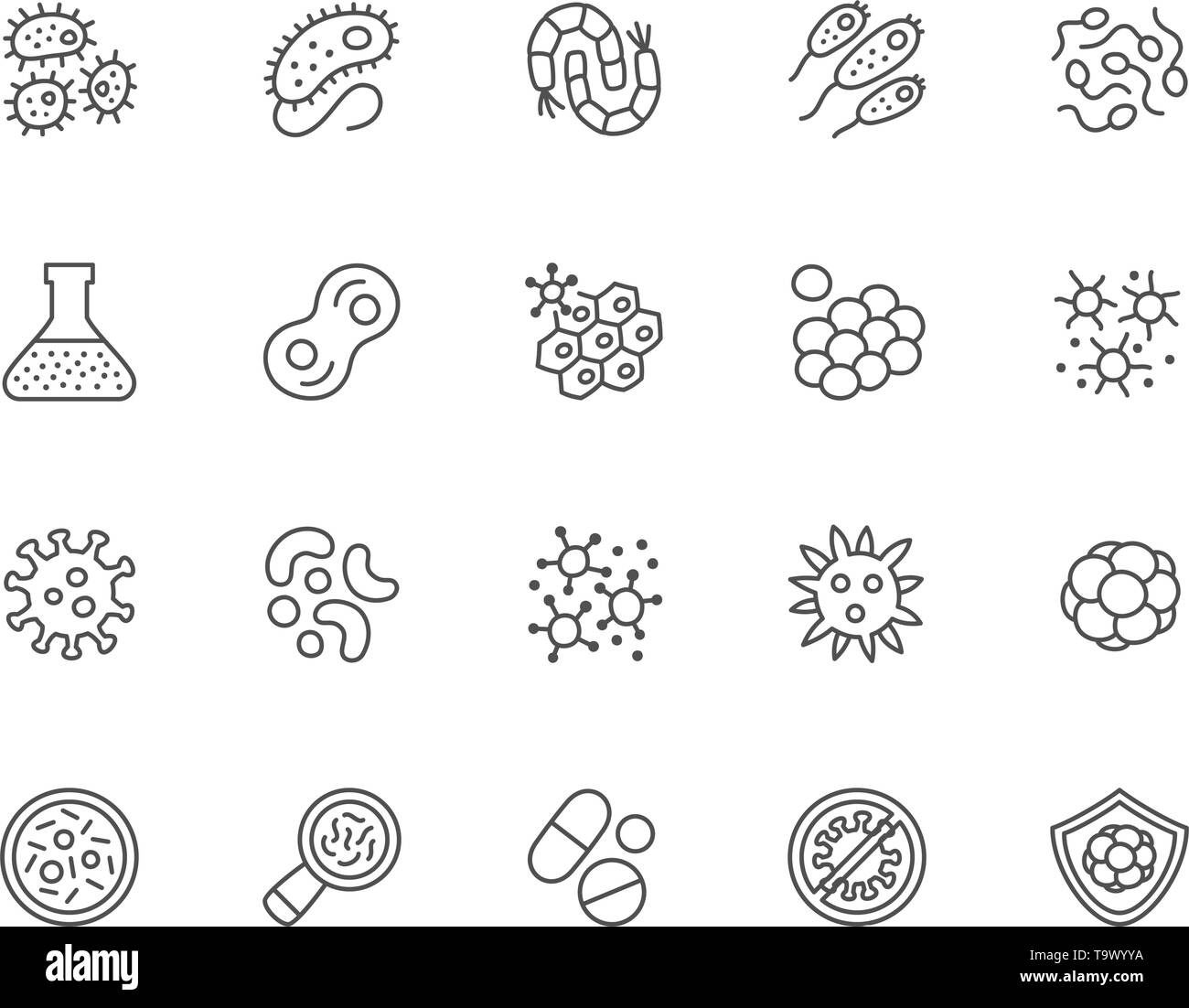 Ensemble d'icônes de ligne de bactéries. Microbe, germe, Caviar, cellules du système immunitaire, et plus encore. Illustration de Vecteur