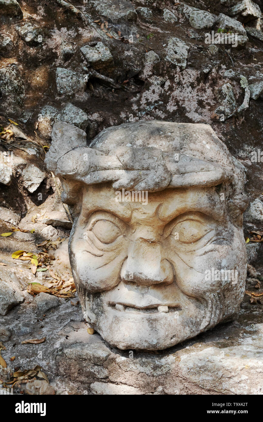 Copan Honduras - archéologie Maya site - sculpture de tête de l'homme  ancien site maya de Copan, Honduras, Amérique Centrale Photo Stock - Alamy