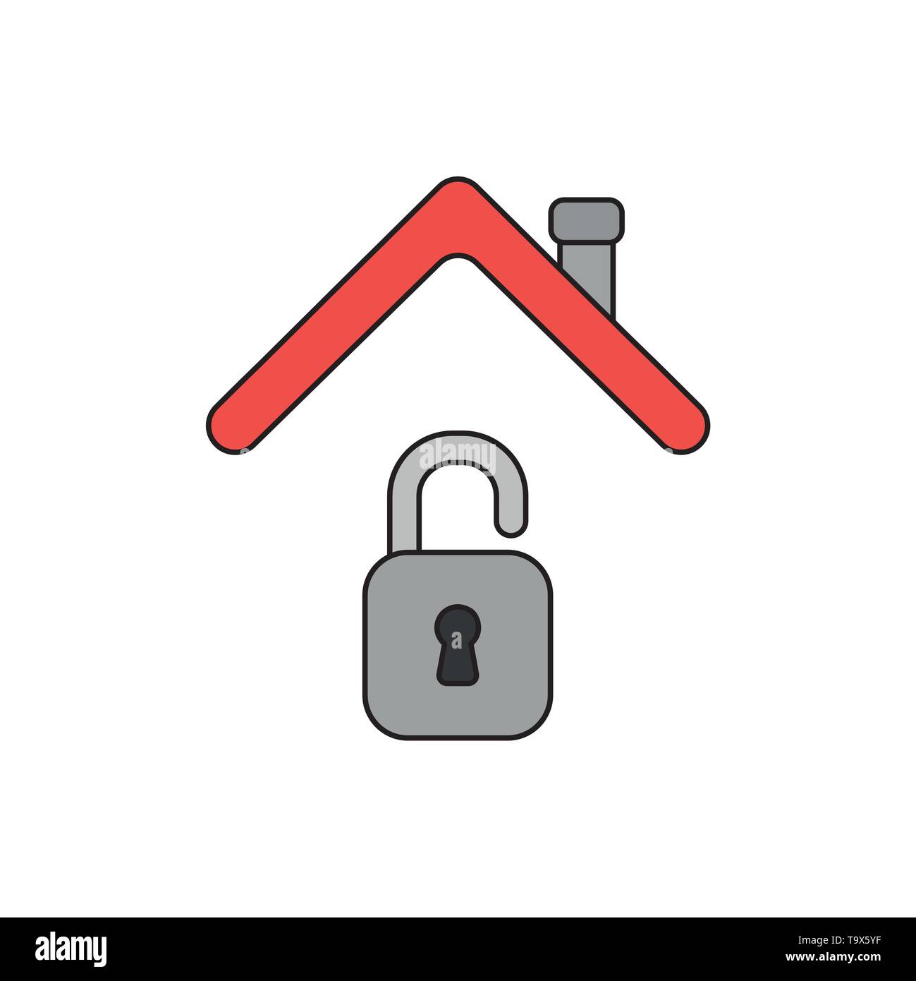 Icône vecteur concept de cadenas ouvert sous toit de maison. Contours noirs et colorés. Illustration de Vecteur