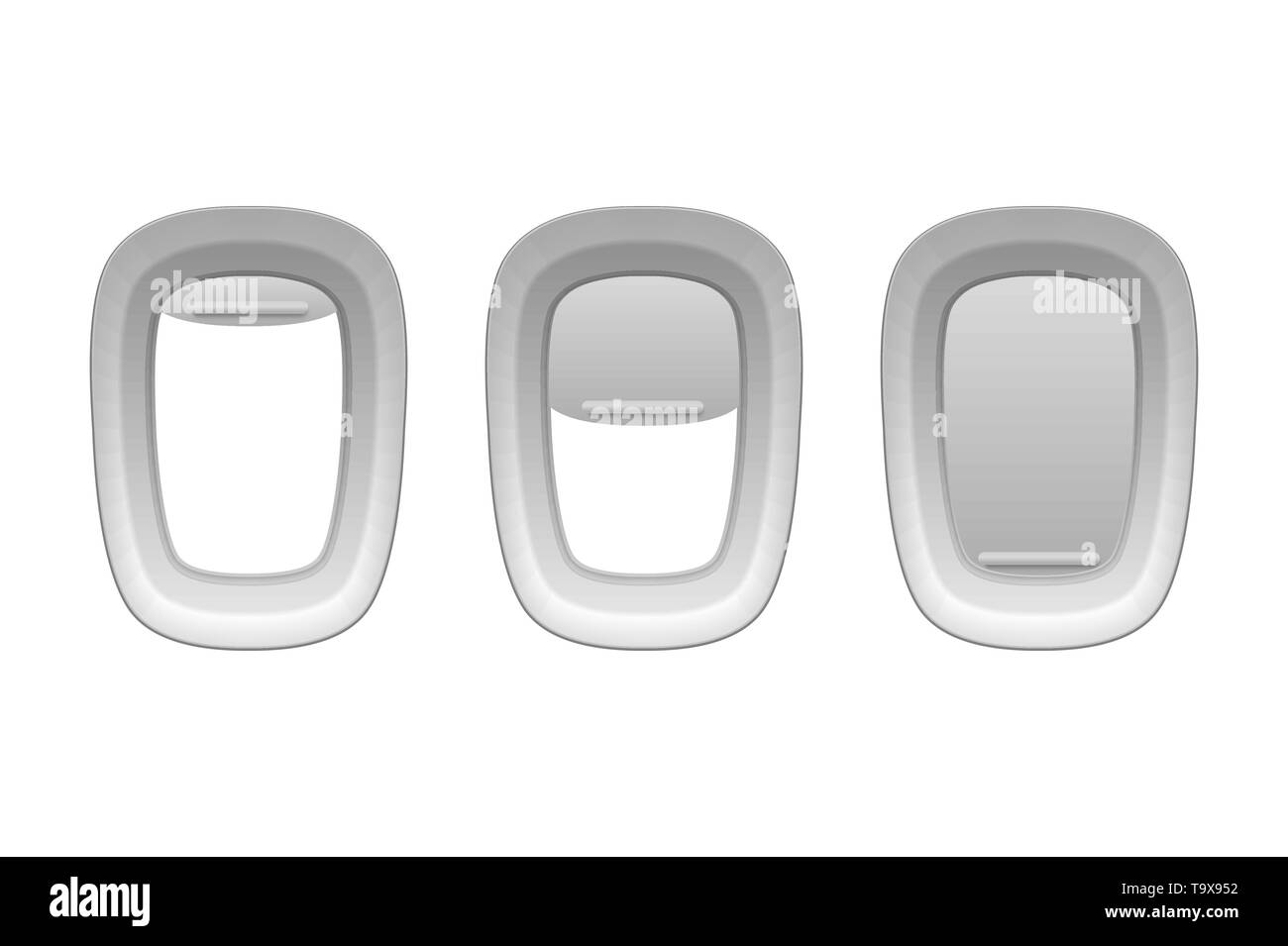 3D réaliste Scénario Trois hublots de l'avion en plastique blanc avec des nuances de fenêtre ouverte et fermée. Icon Set libre. Vue depuis la fenêtre de vol de l'Aéronef Illustration de Vecteur