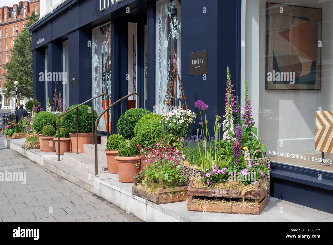 Affichage Floral en dehors de Linley shop à Pimlico Road pour Chelsea en fleurs 2019. Belgravia, Londres, Angleterre Banque D'Images