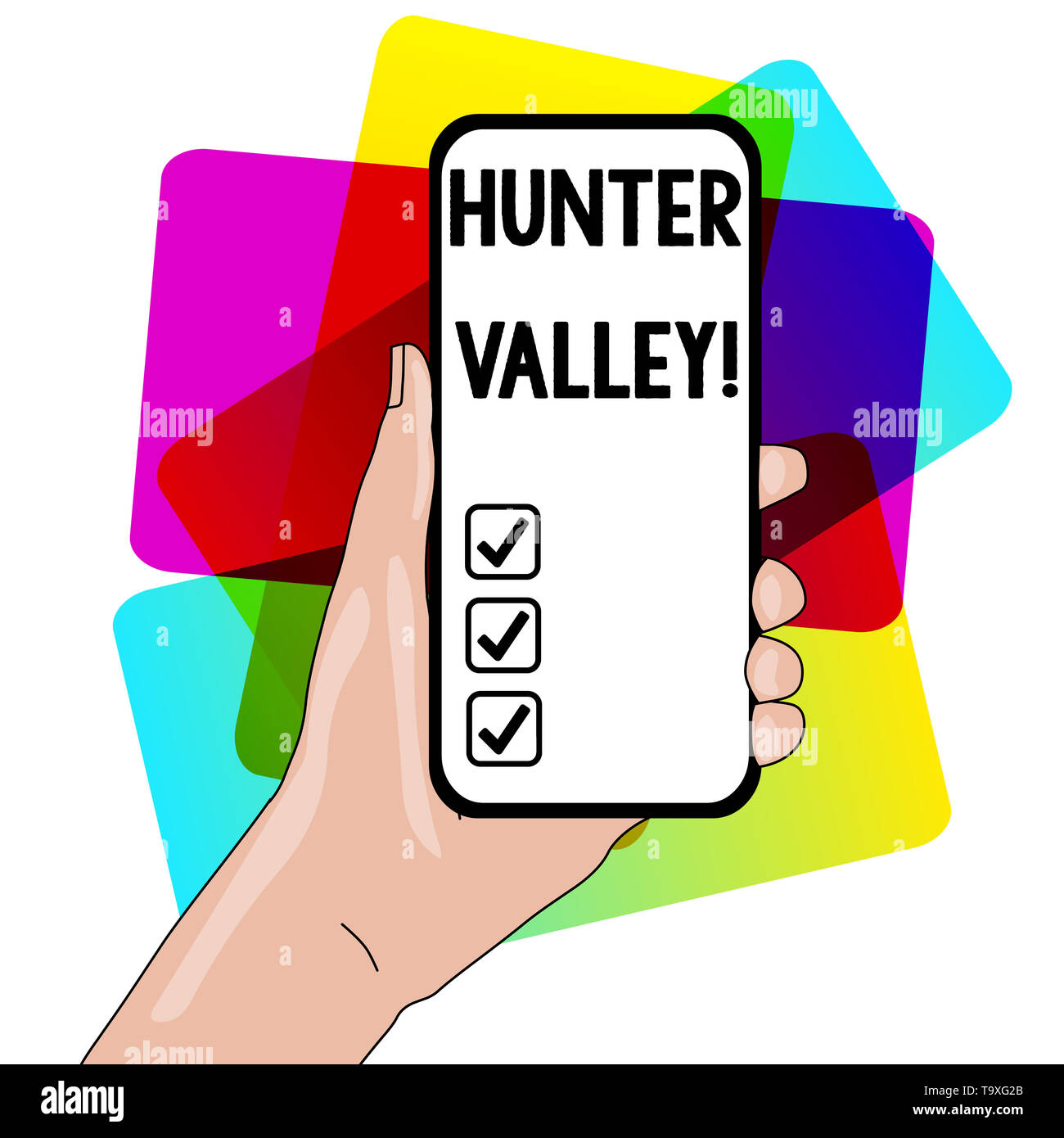 L'écriture de texte Word Hunter Valley. Photo d'affaires mettant en valeur l'Australie s'est mieux connu de régions viticoles de l'État de New South Wales libre de Devic Smartphone Banque D'Images