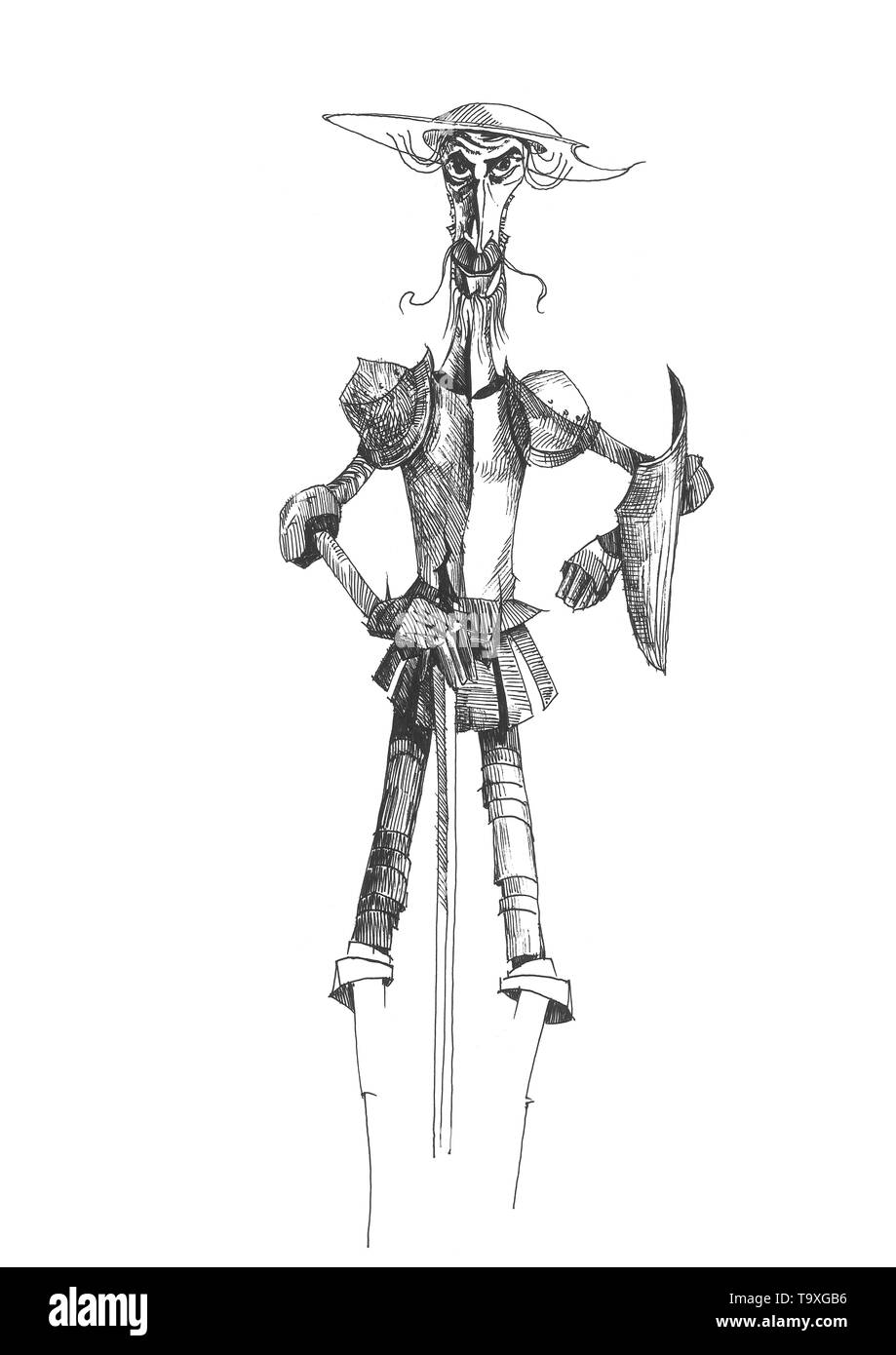 Héros du livre. Lutteurs avec moulins à vent. Illustration graphique. Banque D'Images