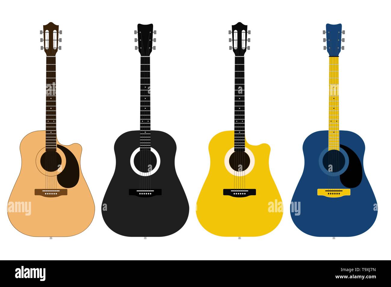 Un ensemble de guitares classiques acoustiques de différentes couleurs sur fond blanc. Instruments de musique à cordes. Télévision Cute cartoon style. Vector illustration Illustration de Vecteur