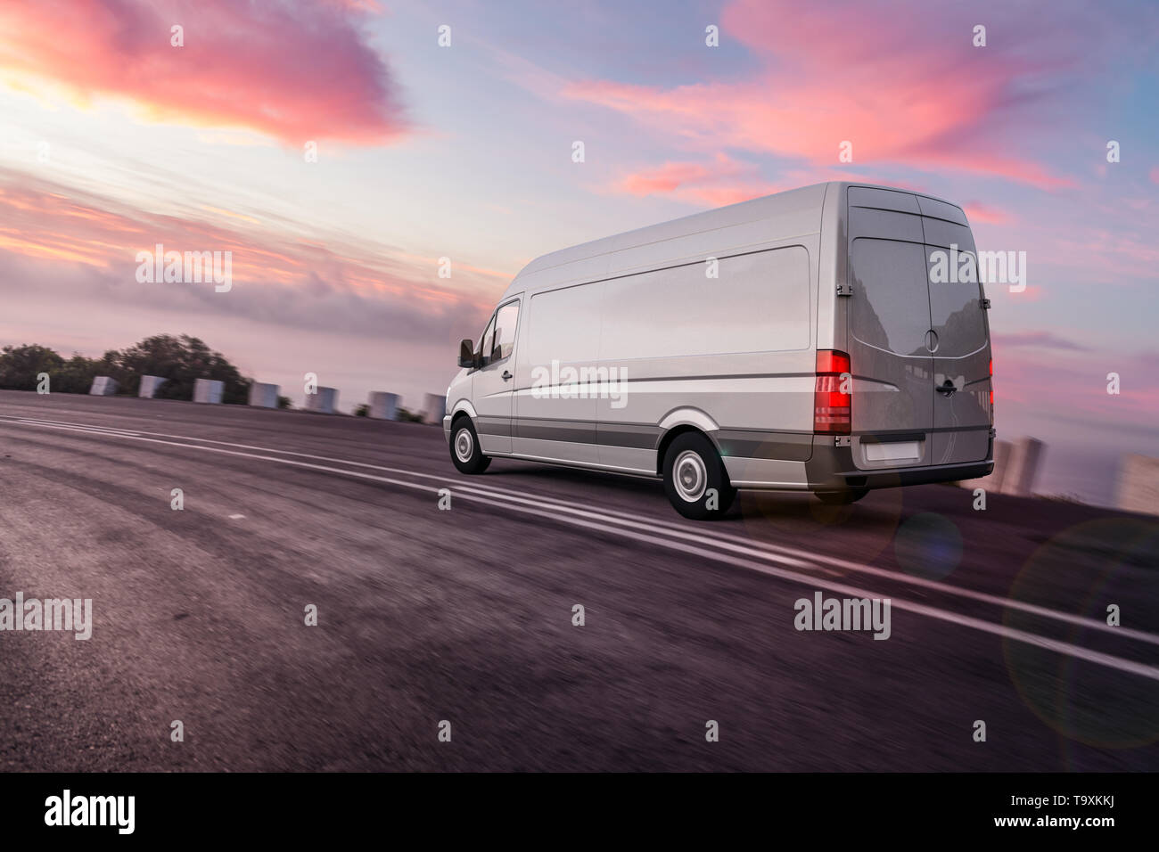 Le rendu 3D de Van ou camion de transitaire ou compagnie de transport sur la route offre rapidement les paquets et les livraisons du jour au lendemain Banque D'Images