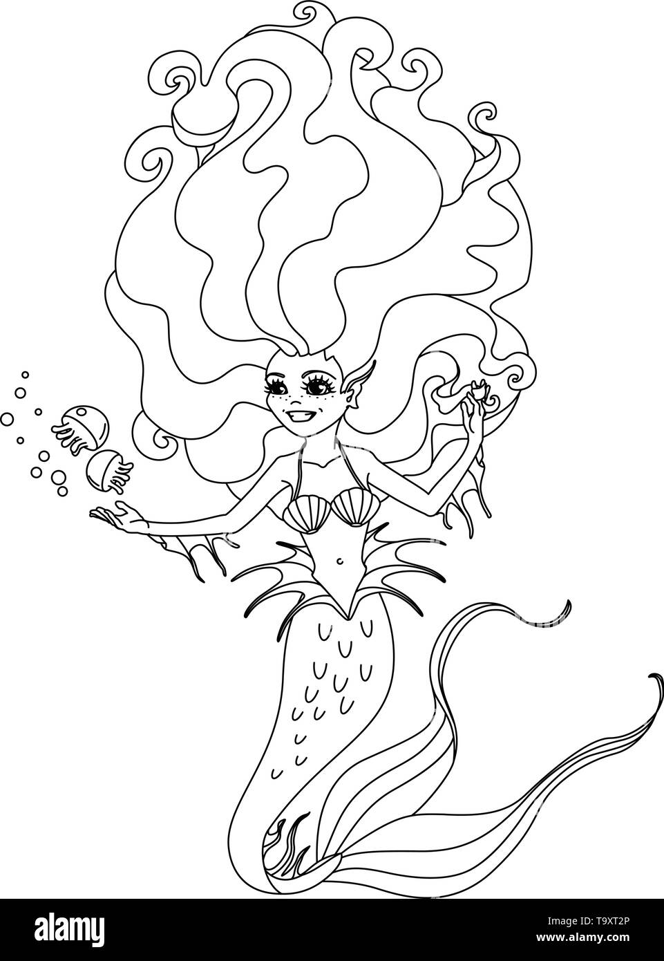 Vectorr noir, contour blanc cartoon cute Fairy mermaid sea Illustration de Vecteur