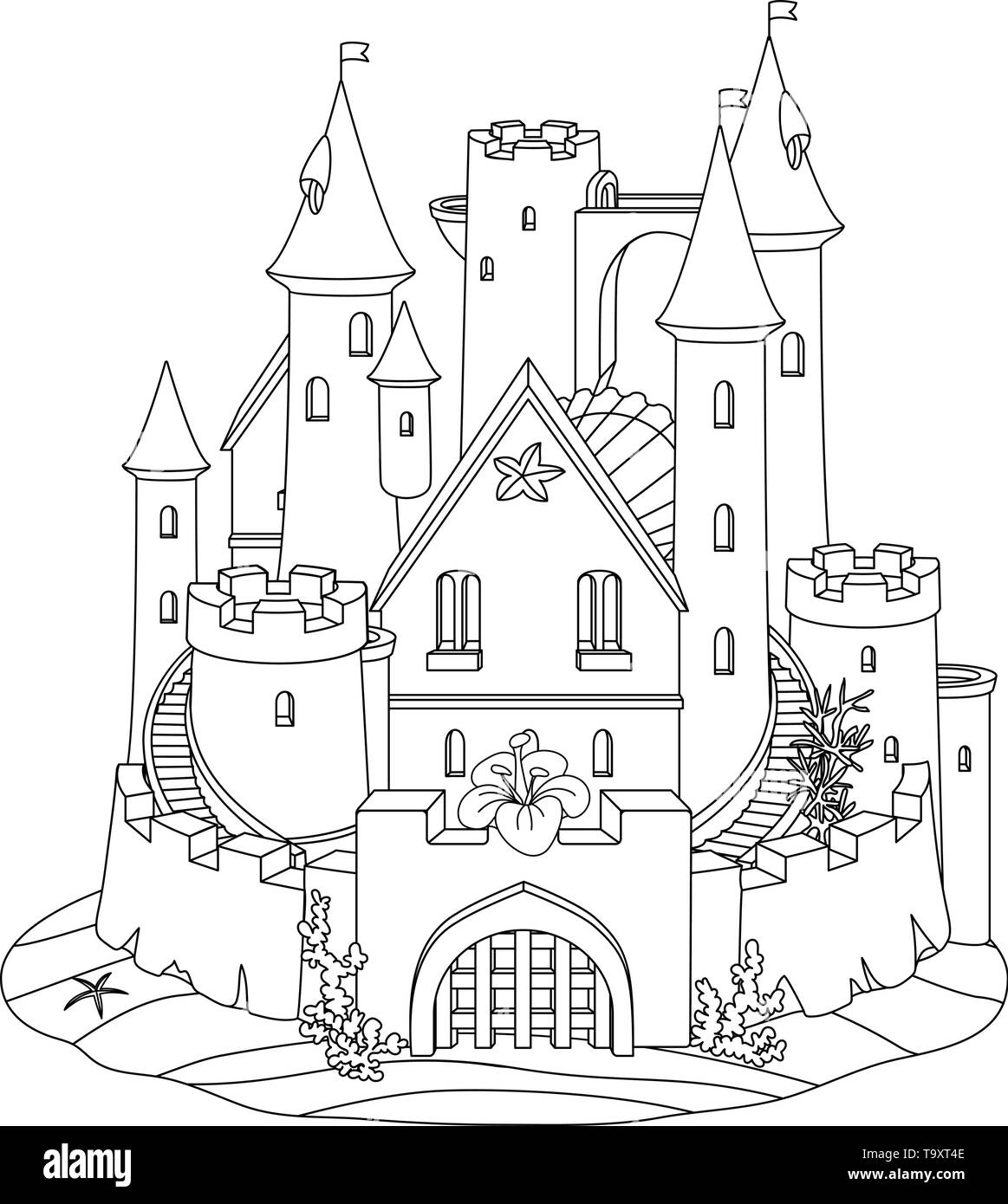 Vector Noir Blanc Chateau Fantaisie Sable Sculpture Fort Sandcastle Image Vectorielle Stock Alamy