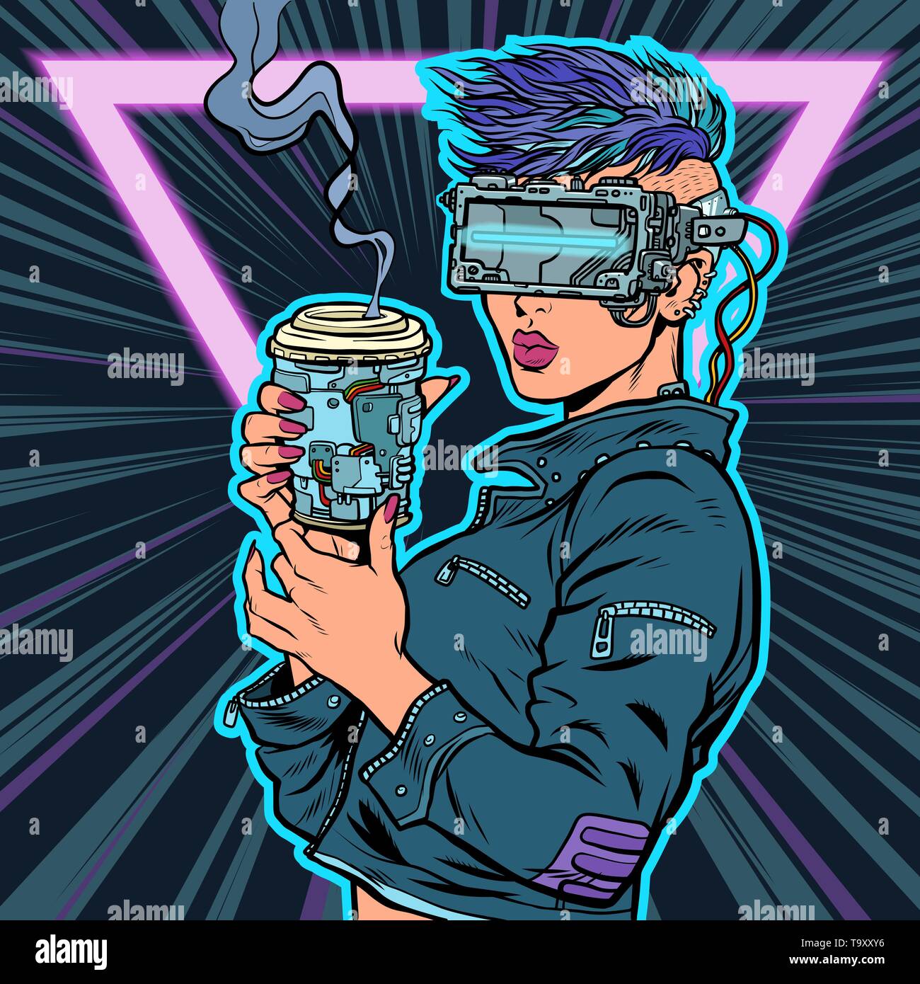 Cyber femme boit un verre de lunettes de réalité virtuelle.. Pop art retro kitsch vintage illustration vectorielle Illustration de Vecteur