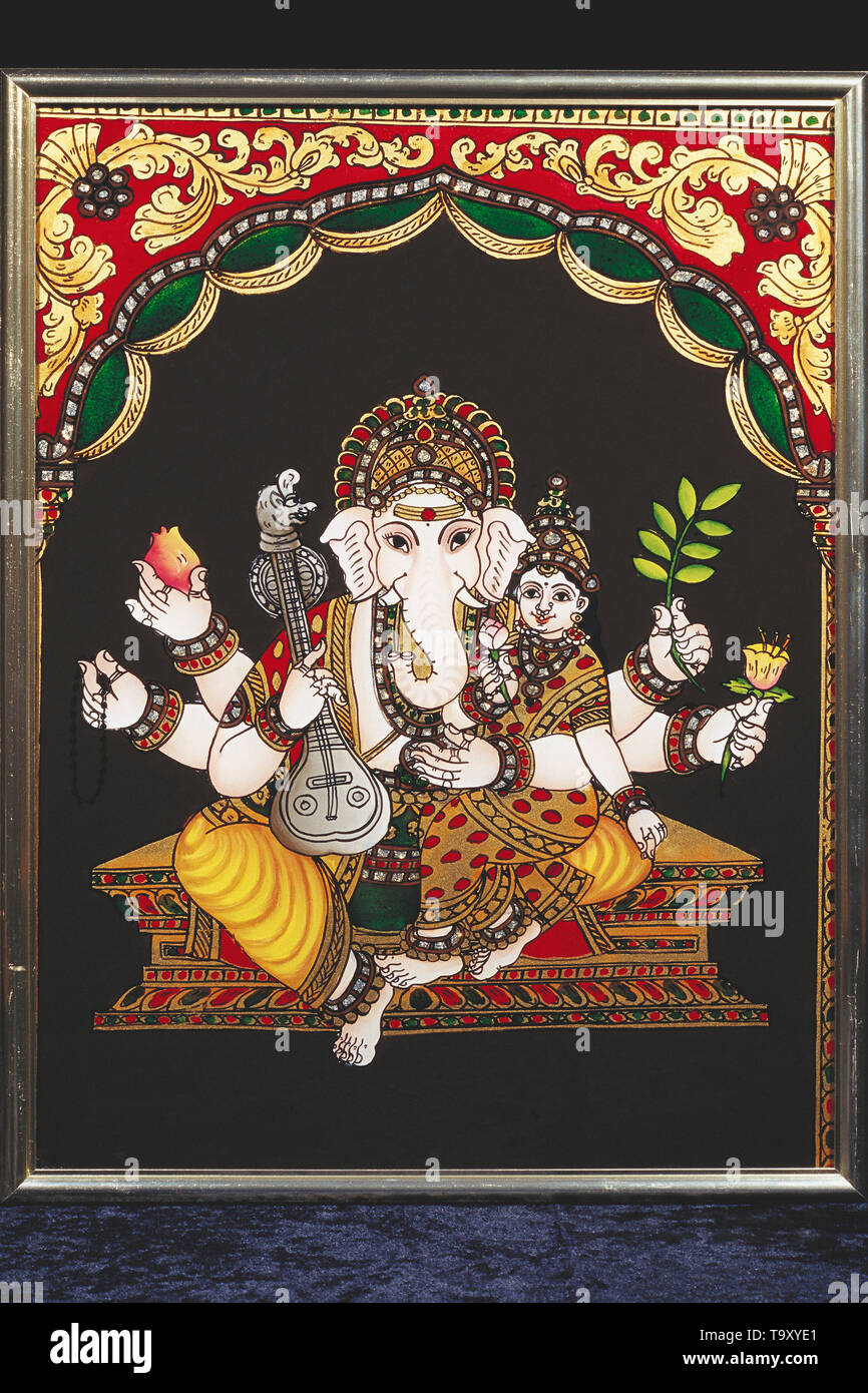 Ucçhishta,Ganapati Ganapati dévorant les restes du repas,GANESH IDOL,VERRE,peinture de Tanjore THANJAVUR, Tamil Nadu, Inde, Asie Banque D'Images