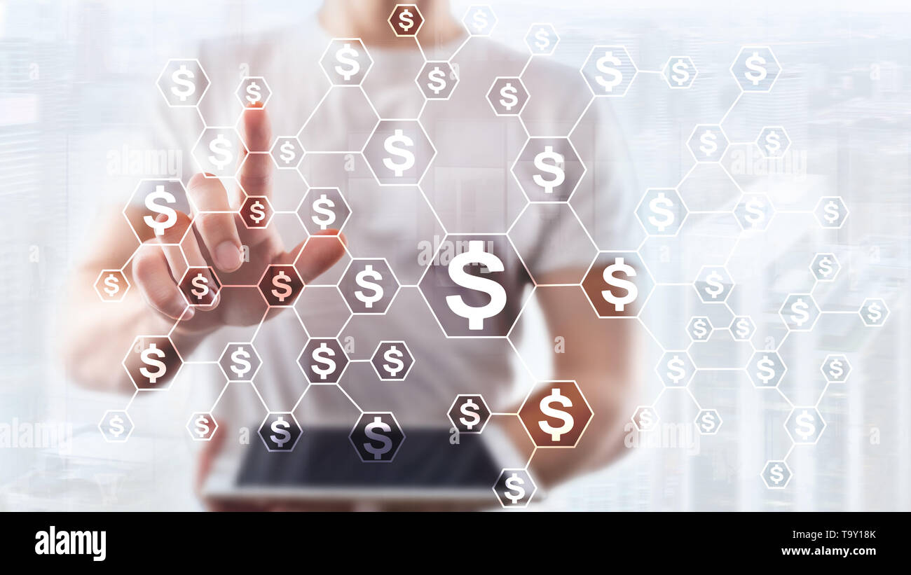 Dollars icônes, de l'argent, la structure de réseau. ICO, le commerce et l'investissement. Crowdfunding Banque D'Images