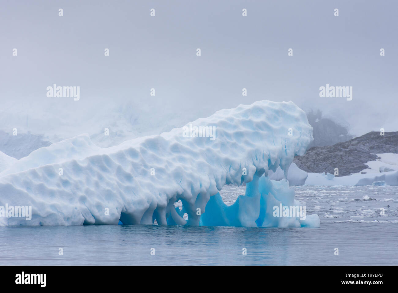 Lumière et iceberg bleu moyen avec scie flottant dans Cierva Cove avec des montagnes de l'Antarctique dans l'arrière-plan. Banque D'Images