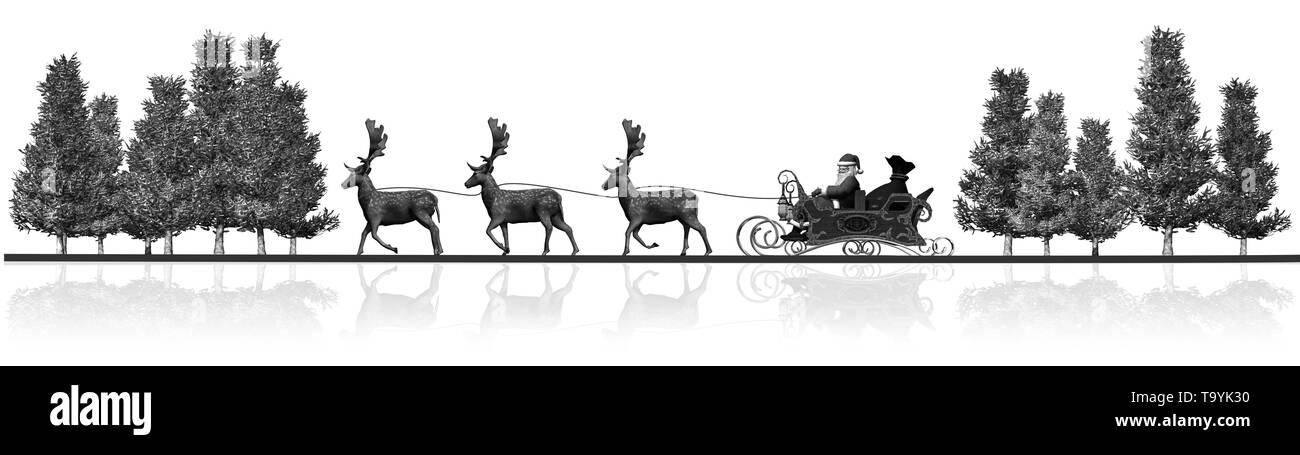Panorama de Noël - Père Noël, traîneau, rennes, arbres - noir blanc - avec la réflexion Banque D'Images
