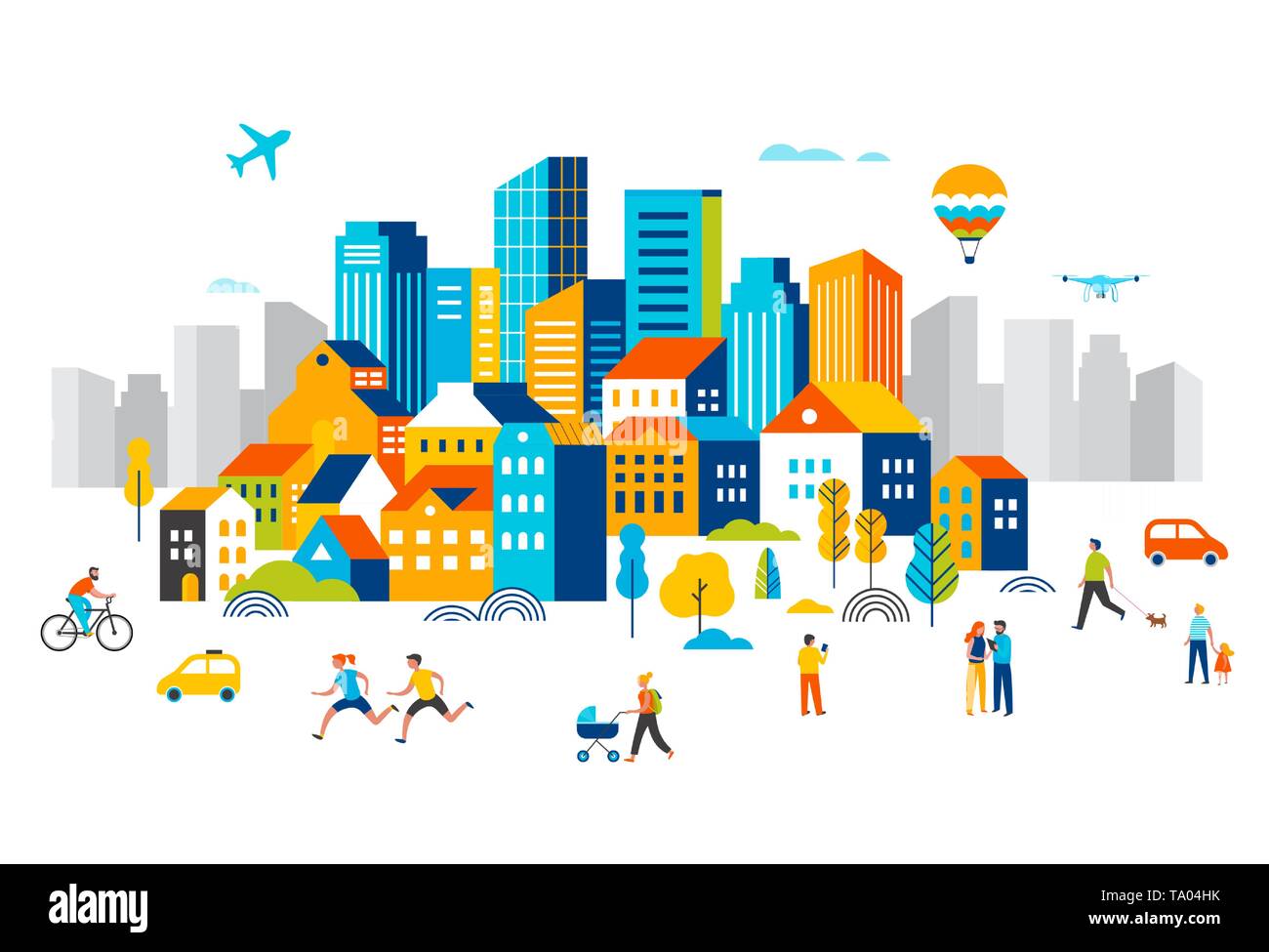Smart City, centre-ville paysage avec de nombreuses capacités, un avion vole dans le ciel et les gens marcher, courir dans le parc. Illustration de Vecteur