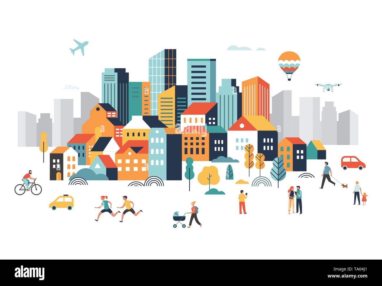 Smart City, centre-ville paysage avec de nombreuses capacités, un avion vole dans le ciel et les gens marcher, courir dans le parc. Illustration de Vecteur