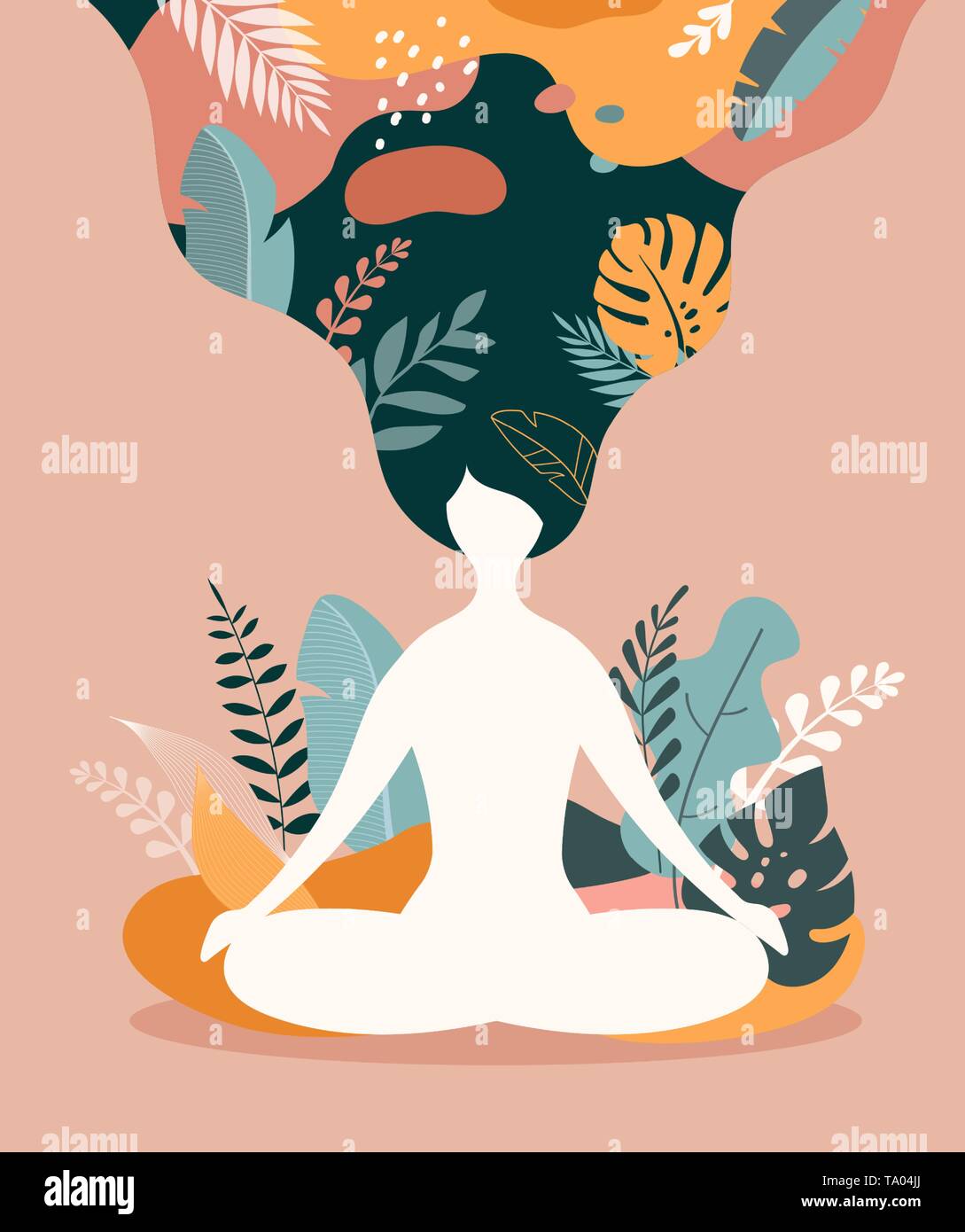 La pleine conscience, la méditation et le yoga dans l'arrière-plan des couleurs pastel vintage - les femmes assis les jambes croisées et méditer. Illustration de Vecteur
