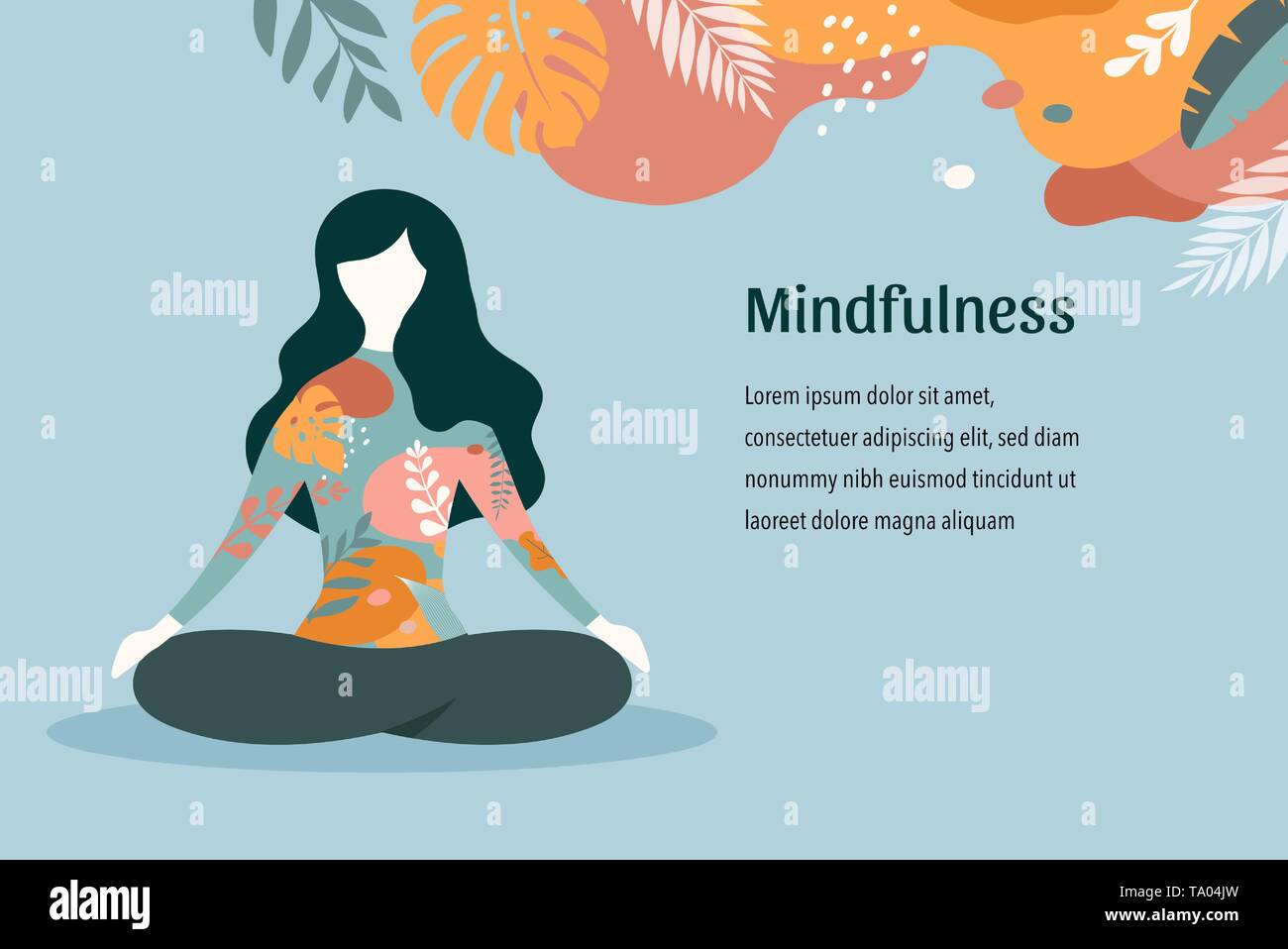 La pleine conscience, la méditation et le yoga dans l'arrière-plan des couleurs pastel vintage - les femmes assis les jambes croisées et méditer. Vector illustration Illustration de Vecteur