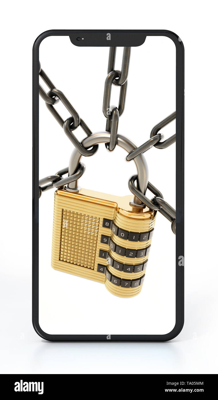Chaîne et cadenas sur l'écran du smartphone. 3D illustration. Banque D'Images