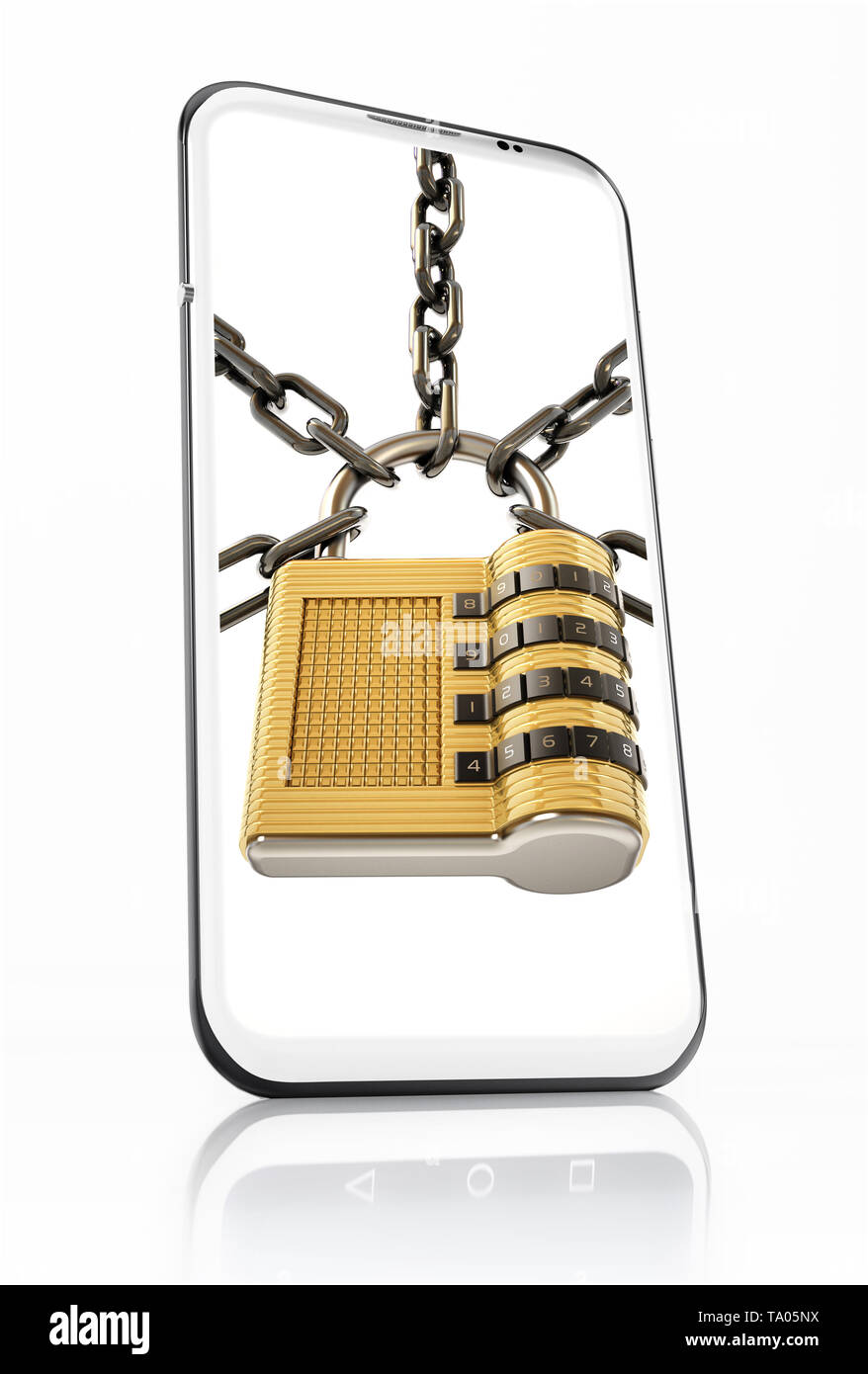 Chaîne et cadenas sur l'écran du smartphone. 3D illustration. Banque D'Images