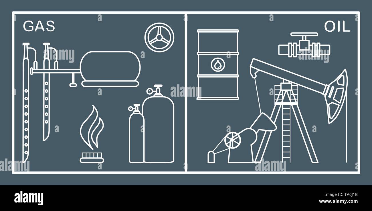 Vector illustration avec l'équipement pour la production de pétrole et de gaz. L'industrie du pétrole, du gaz. Stockage et extraction de pétrole et de gaz. Illustration de Vecteur