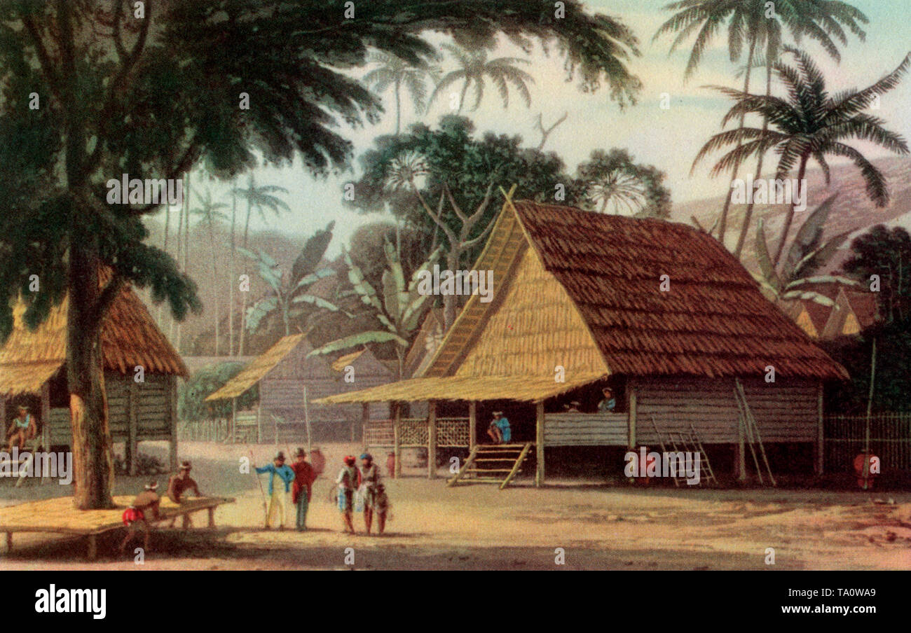 « Un village malais », 1810. Un imprimé du « pittoresque Voyage en Inde par la voie de la Chine », par Thomas (1749-1840), et William Daniell's (1769-1837), 1810. Banque D'Images