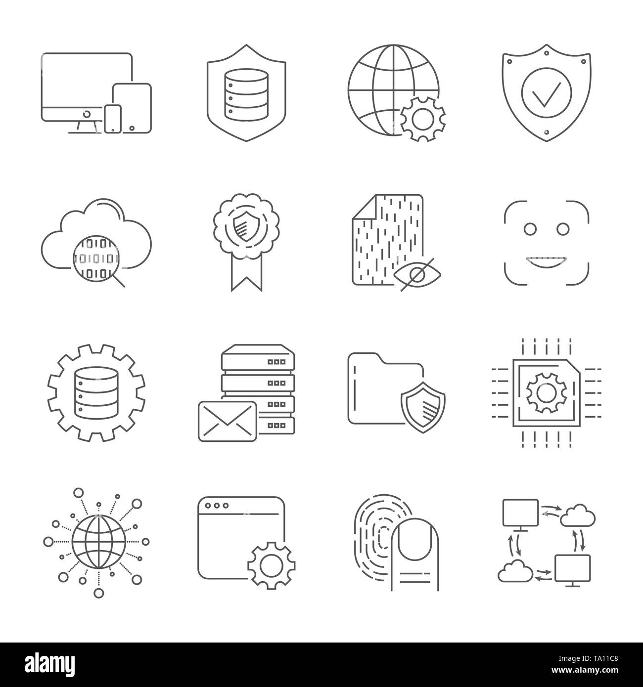 Icônes de lignes vectorielles liées à la technologie numérique. Contient des icônes telles que l'hébergement, la reconnaissance faciale, le réseau d'analyse, la protection numérique et bien plus encore Illustration de Vecteur