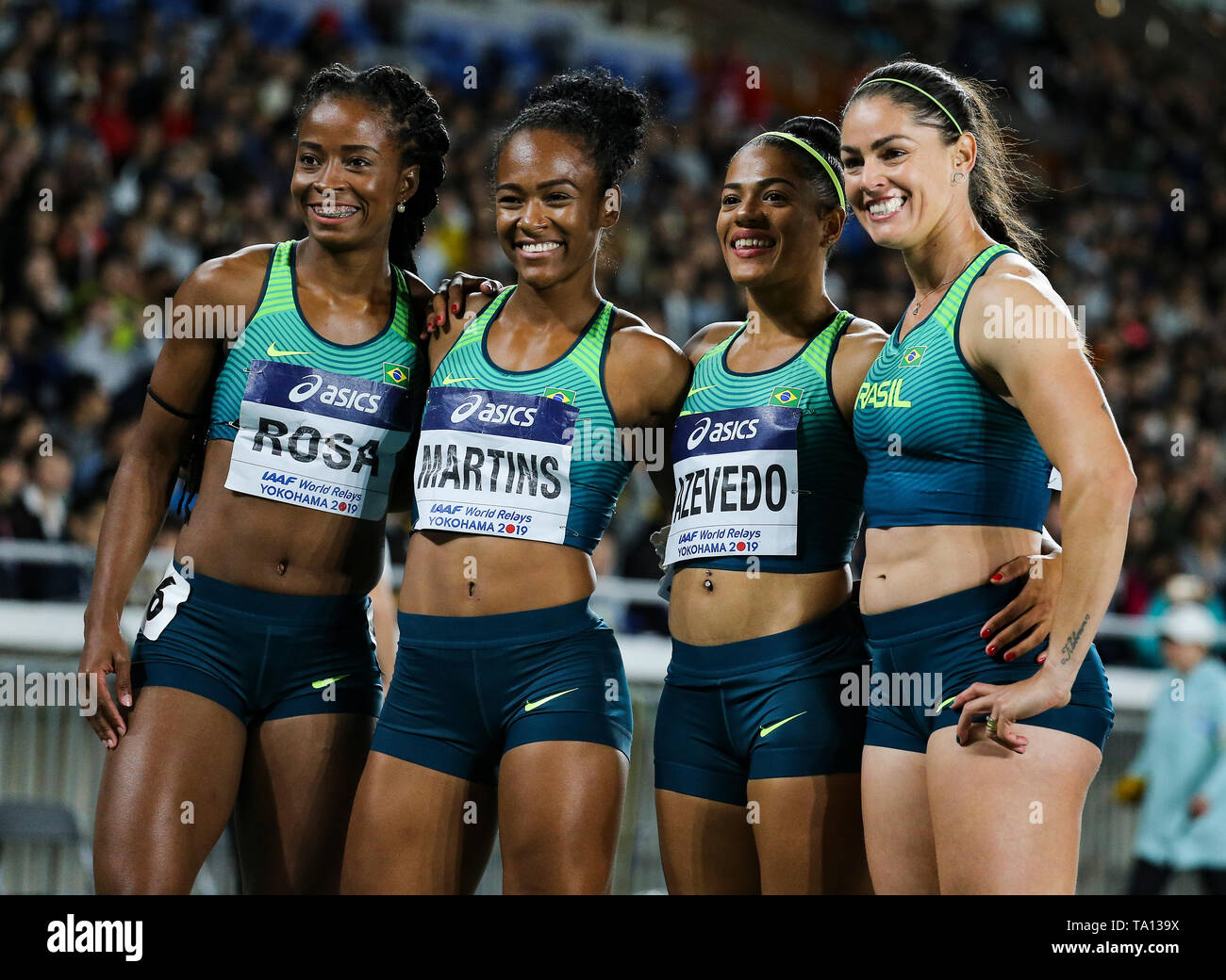 YOKOHAMA, Japon - 12 MAI : Vitoria Cristina Rosa, Lorraine Martins, Ana Carolina Azevedo et Franciela Krasucki du Brésil après avoir fini 4ème au 4x100m relais de jour final 2 de l'IAAF World Championships 2019 Relais au Nissan Stadium le dimanche 12 mai 2019 à Yokohama, au Japon. (Photo de Roger Sedres pour l'IAAF) Banque D'Images