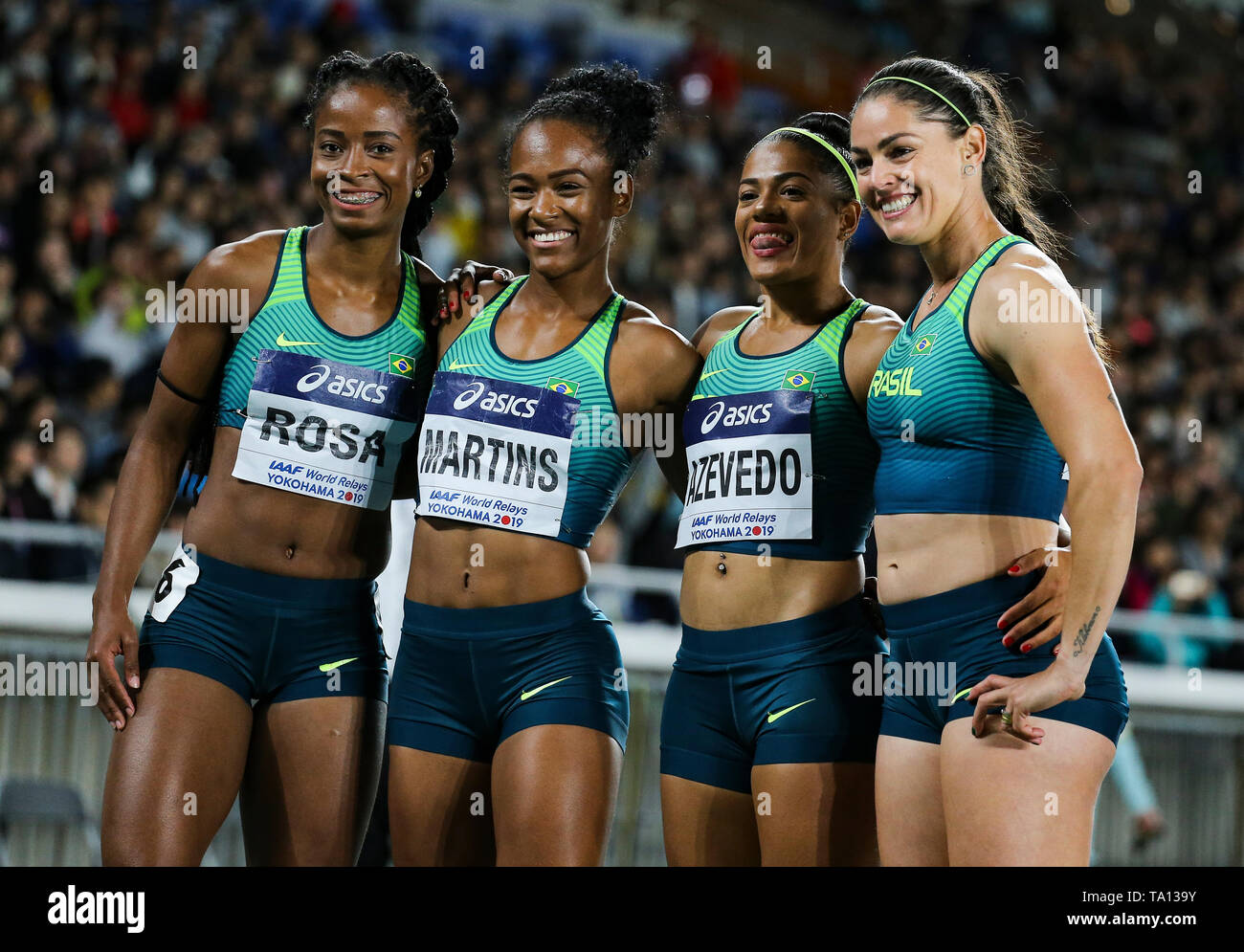 YOKOHAMA, Japon - 12 MAI : Vitoria Cristina Rosa, Lorraine Martins, Ana Carolina Azevedo et Franciela Krasucki du Brésil après avoir fini 4ème au 4x100m relais de jour final 2 de l'IAAF World Championships 2019 Relais au Nissan Stadium le dimanche 12 mai 2019 à Yokohama, au Japon. (Photo de Roger Sedres pour l'IAAF) Banque D'Images