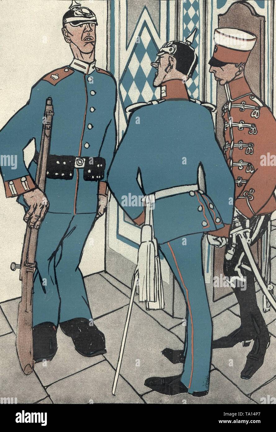 Pourquoi n'avez-vous pas saluer le lieutenant ? - Parce que je pensais que c'était un laquais ' ! - Dessin animé sur l'uniforme de l'engouement et l'esbroufe de la Wilhelmine militaires. Caricature de la revue allemande Simplicissimus, 1906 Banque D'Images