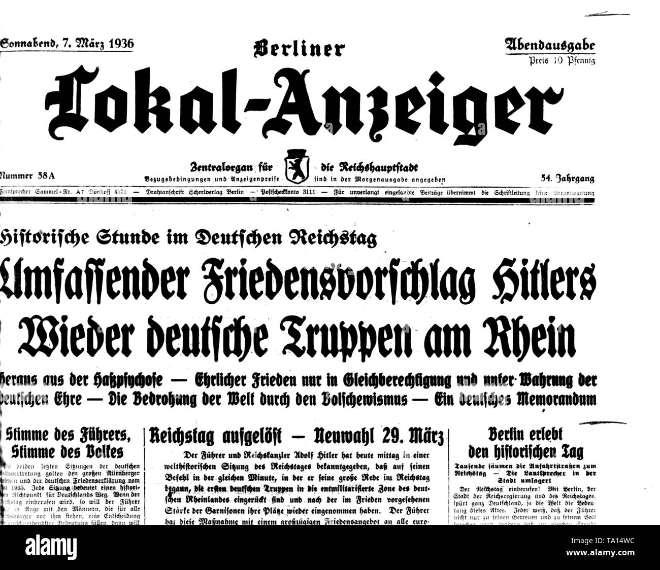 Le Berliner Lokal-Anzeiger commentaires sur la remilitarisation de la Rhénanie dans conformément aux règles de la langue nazie (Sprachregelung), sous le titre "Les propositions globales de paix d'Hitler's' les troupes allemandes sur le Rhin". Banque D'Images