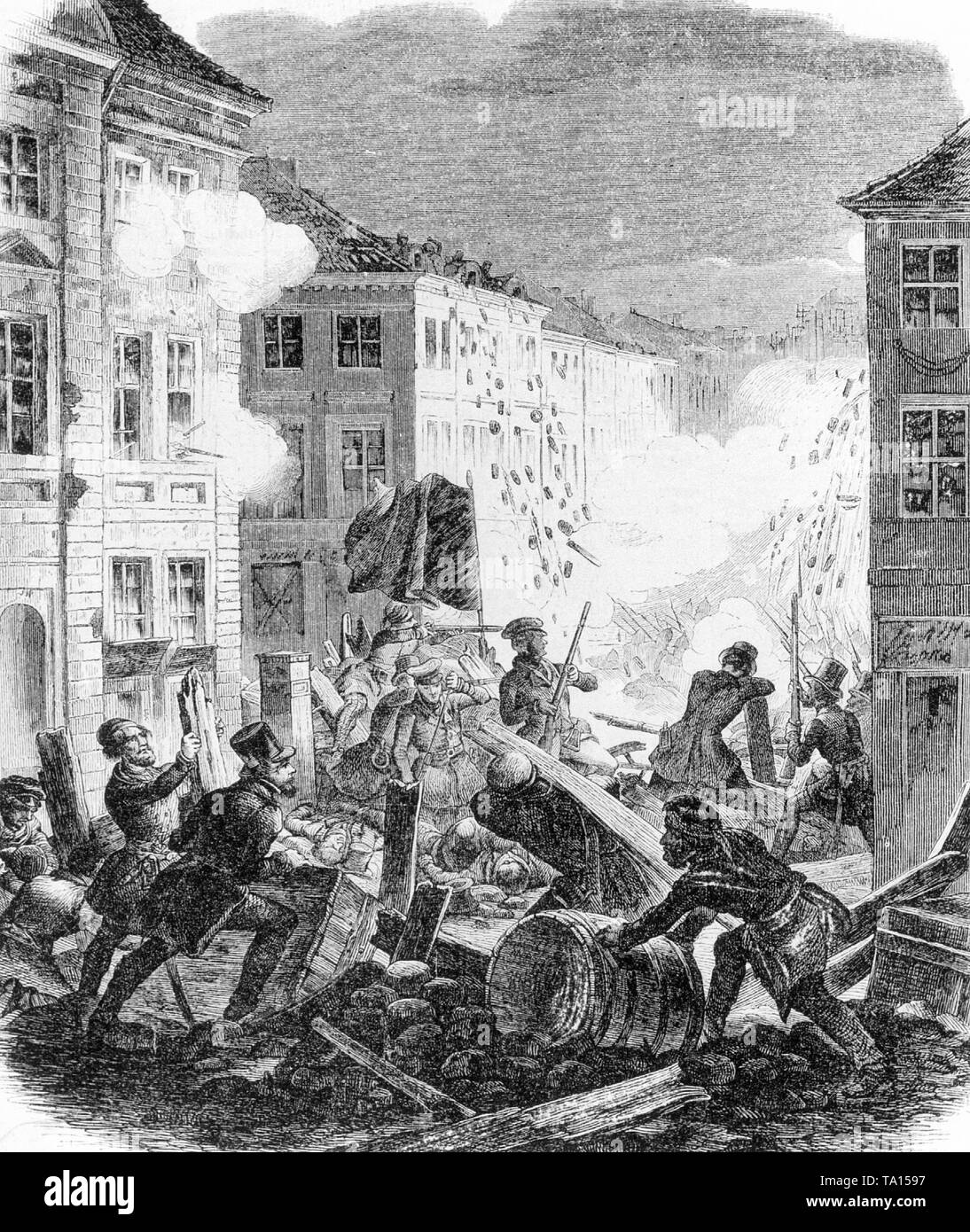Batailles de rue à Berlin pendant la révolution de mars. Le dessin montre la situation à l'Hôtel de Ville de Berlin à Koellnischer Park dans la nuit du 18 au 19 mars 1848. Banque D'Images