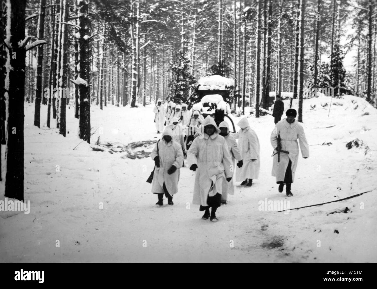 Les soldats allemands mars à travers une forêt en hiver vêtement de camouflage au sud du lac Ilmen. Photo de l'entreprise de propagande (PK) : SS correspondant de guerre Wittmar. Banque D'Images