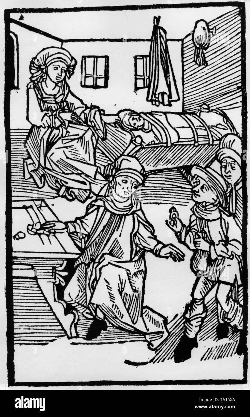 Gravure sur bois d'un usurier juif de Hans Folz 'Die Rechnung von dem Kolpergers Gesuch der Juden" (Kolperger d'initiative parlementaire de la Pétition des juifs) Banque D'Images