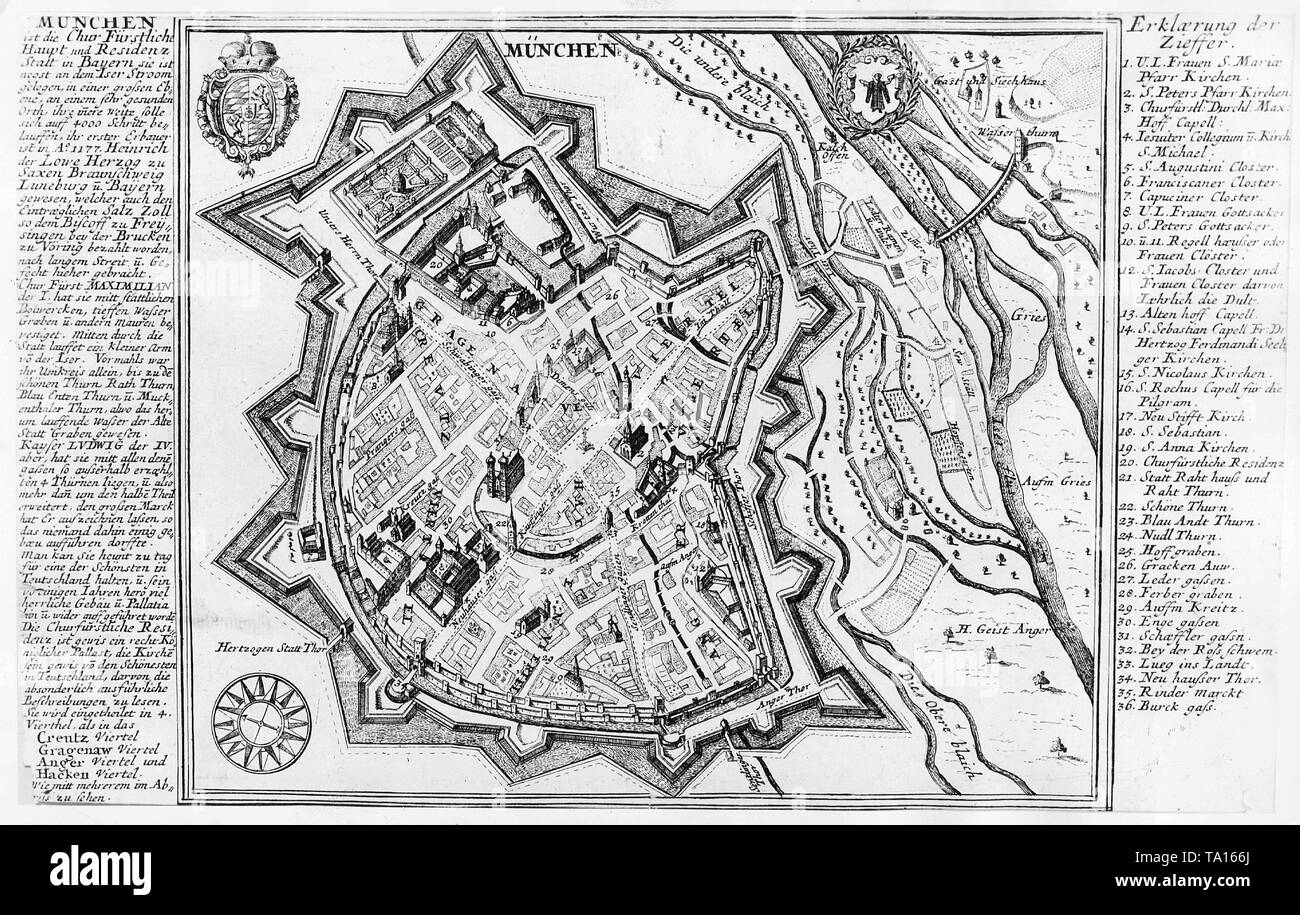 La carte de la ville de Munich de 1644. Banque D'Images