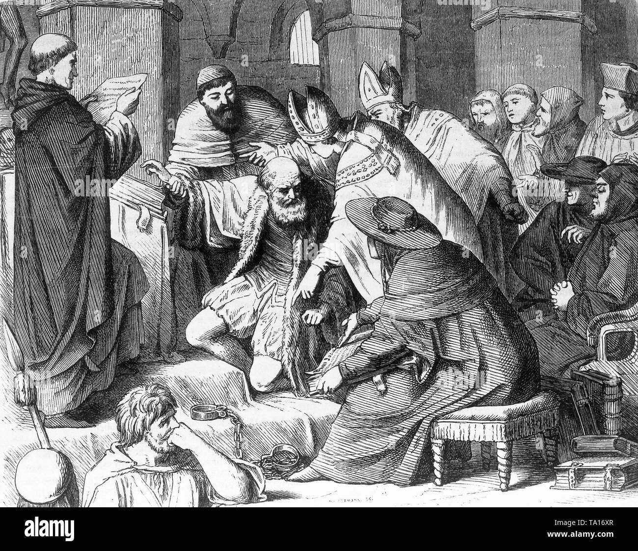 Galilée face à l'Inquisition catholique romain. Le dessin représente le moment dans le deuxième processus en 1633 où Galilée a trouvé "hemently suspect d'hérésie", à savoir d'avoir tenu l'opinion que le Soleil est immobile au centre de l'univers Banque D'Images