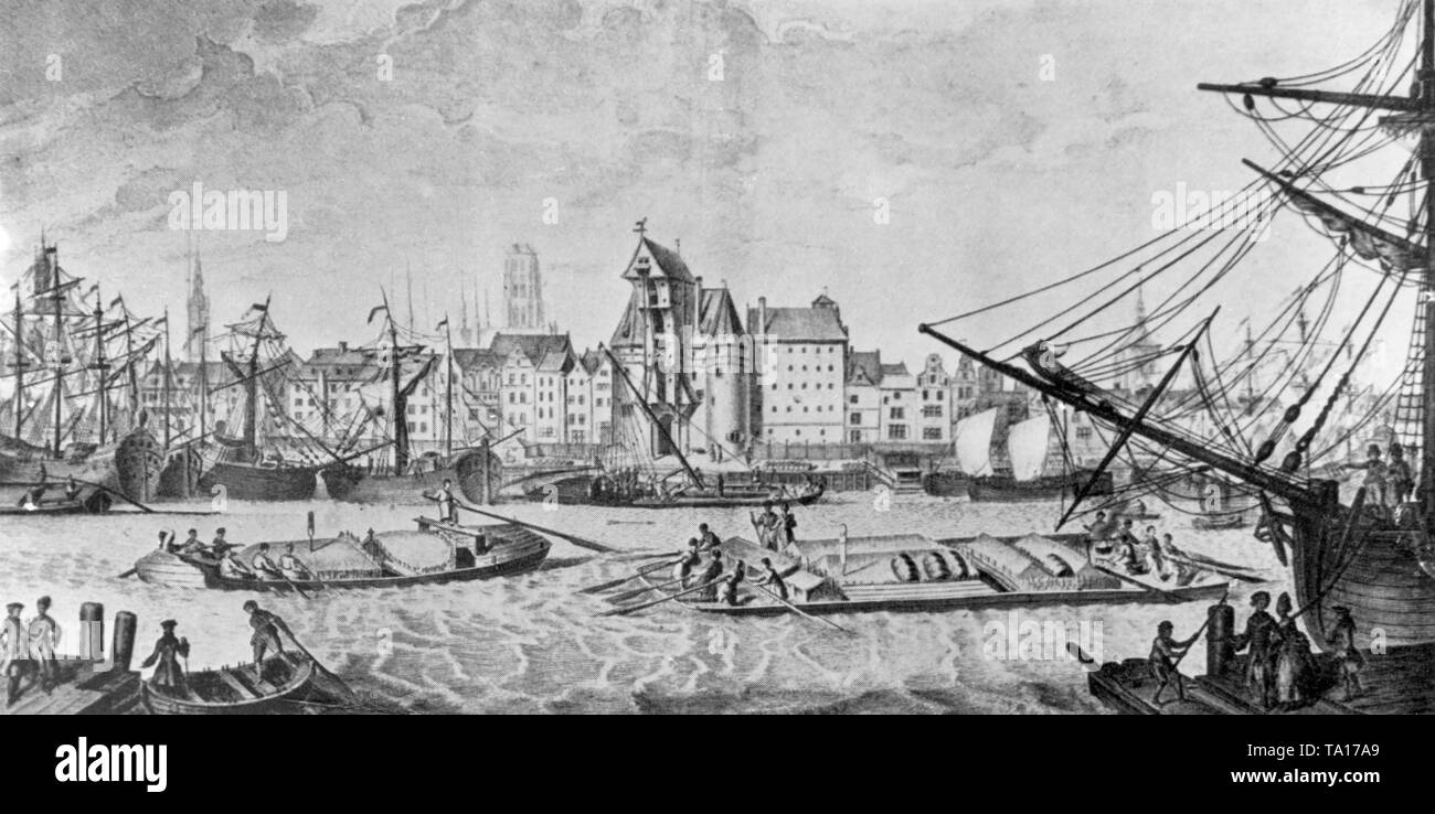 Cette gravure de J. Schuster basé sur un dessin de Friedrich Lohrmann montre l'Krantor dans le style de la brique gothique, une porte de la ville de Gdansk, et en face d'elle la rivière Mottlau. La grue a été érigé dans la seconde moitié du 14e siècle. Il est d'une porte en bois avec double fonction de grue, ce dispositif de levage est l'une des plus anciennes de la région de langue allemande. Pendant la Seconde Guerre mondiale, la porte a été détruit, puis reconstruit et depuis le début des années 60, il fait partie du Musée Maritime. Banque D'Images