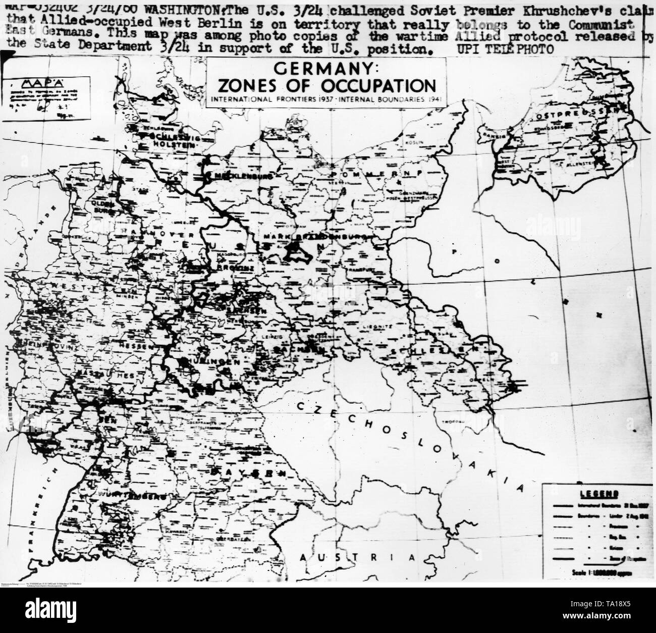 Carte des zones d'occupation alliées en Allemagne, 1945 Banque D'Images