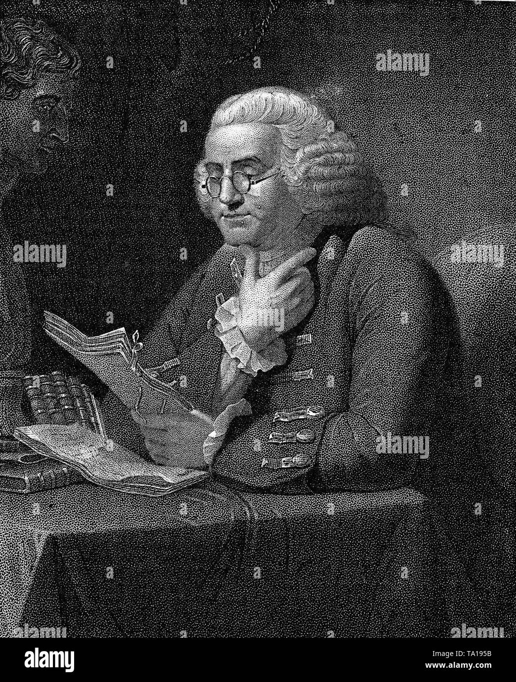 Benjamin Franklin (1706-1790), un scientifique américain, homme d'État et écrivain, lors de la lecture. Franklin est mieux connu pour son invention du paratonnerre. Banque D'Images