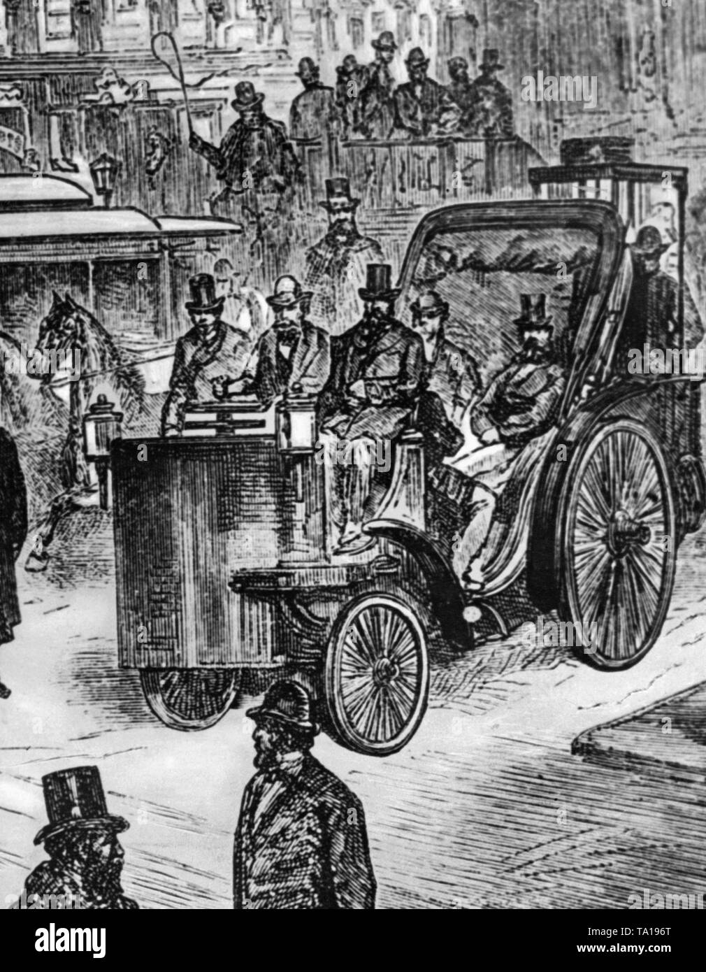 Un Bolle steame en calèche sur la Friedrichstrasse à Berlin. En 1880, la ville de Berlin a examiné l'introduction d'Dampfdroschke (chariot à vapeur) comme un moyen de transport, mais a décidé d'utiliser un tramway électrique pour des raisons de coût. Banque D'Images