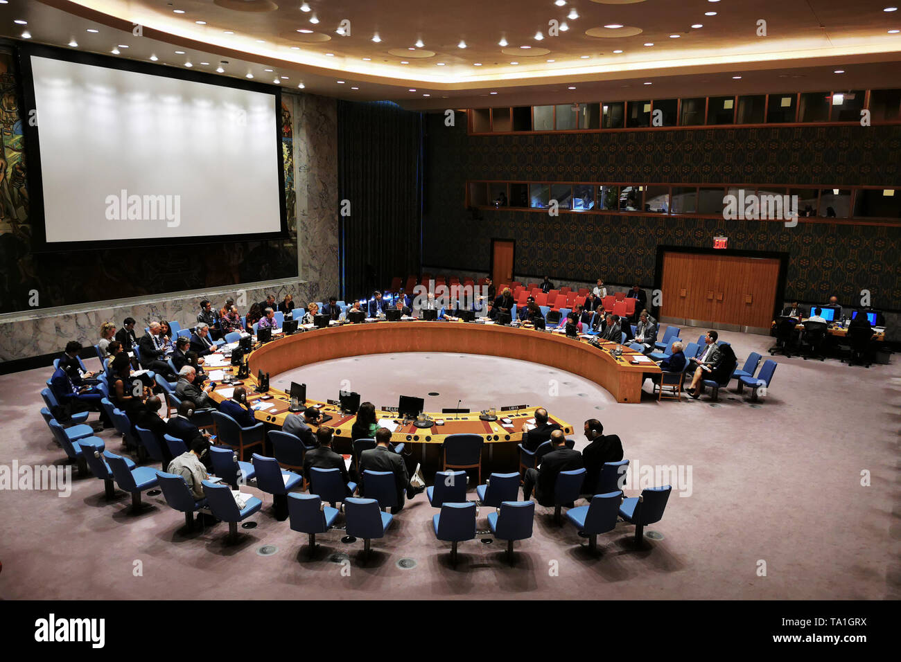 Organisation des Nations Unies. 21 mai, 2019. Photo prise le 21 mai 2019, indique le Conseil de sécurité des Nations Unies d'organiser une réunion sur la situation en Libye, au siège des Nations Unies à New York. L'envoyé spécial des Nations Unies, haut pour la Libye a averti mardi que les pays arabes est au bord de la guerre civile qui pourrait mener à la division permanente. Credit : Muzi Li/Xinhua/Alamy Live News Banque D'Images