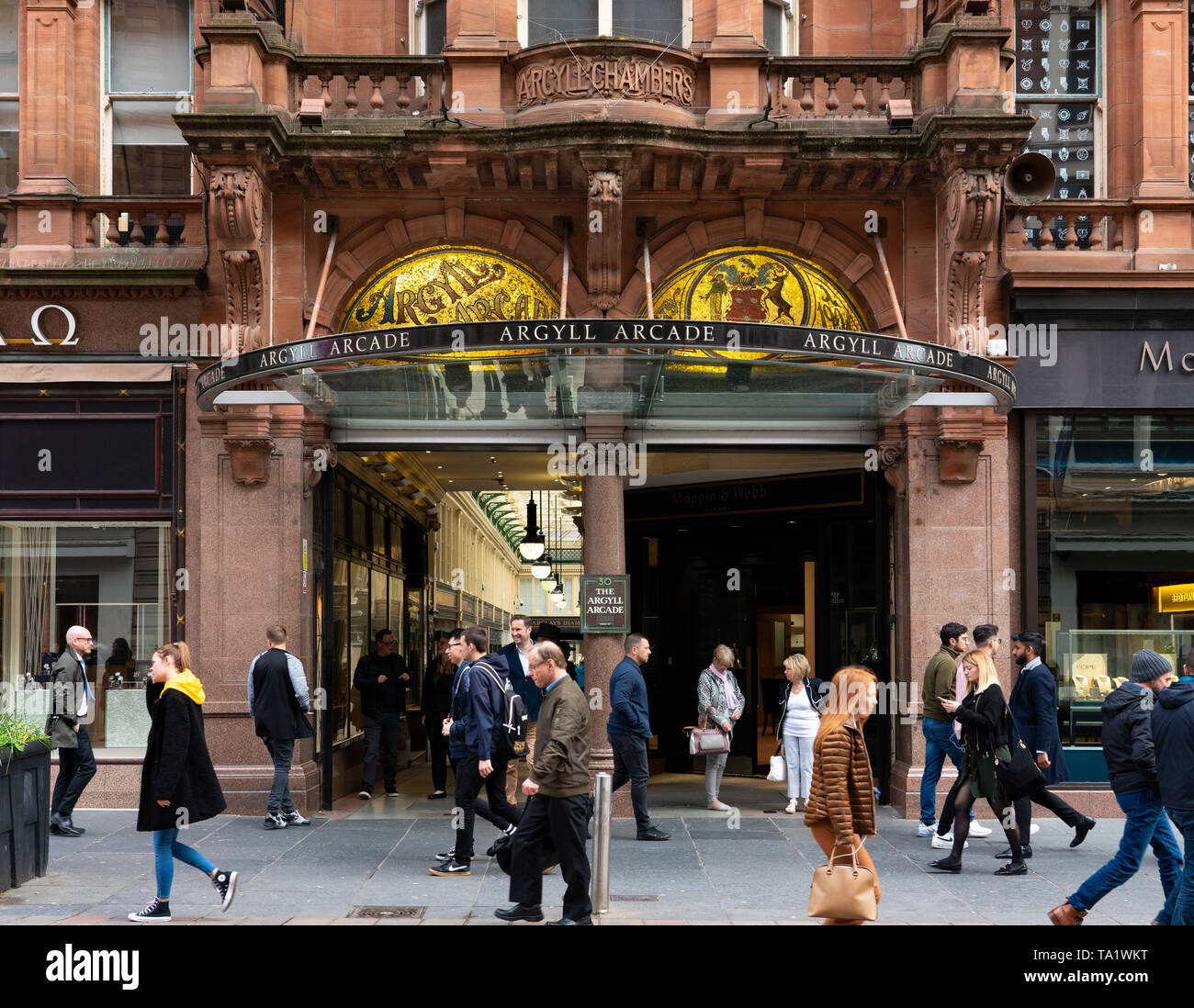 L'extérieur de l'Argyll Arcade historique avec de nombreuses boutiques de bijoux dans le centre-ville de Glasgow, Écosse, Royaume-Uni Banque D'Images