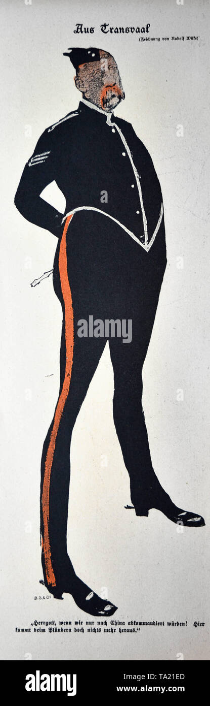 Caricature de la revue satirique 'Simplicissimus'. Le titre du dessin est 'Aus'' ('Île-de') par Rudolf Wilke. Montré dans Simplicissimus 5, Issue No. 31, p. 248. Sous l'image, il dit : "Dieu, si nous étions seulement réquisitionné retour à la Chine. Ici rien ne sort de pillage plus !". Banque D'Images
