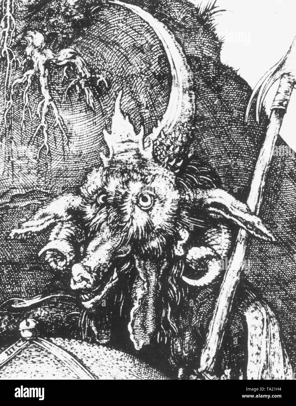 Illustration du Diable par Albrecht Duerer. Détail de la gravure 'Chevalier, la mort et le diable". Banque D'Images