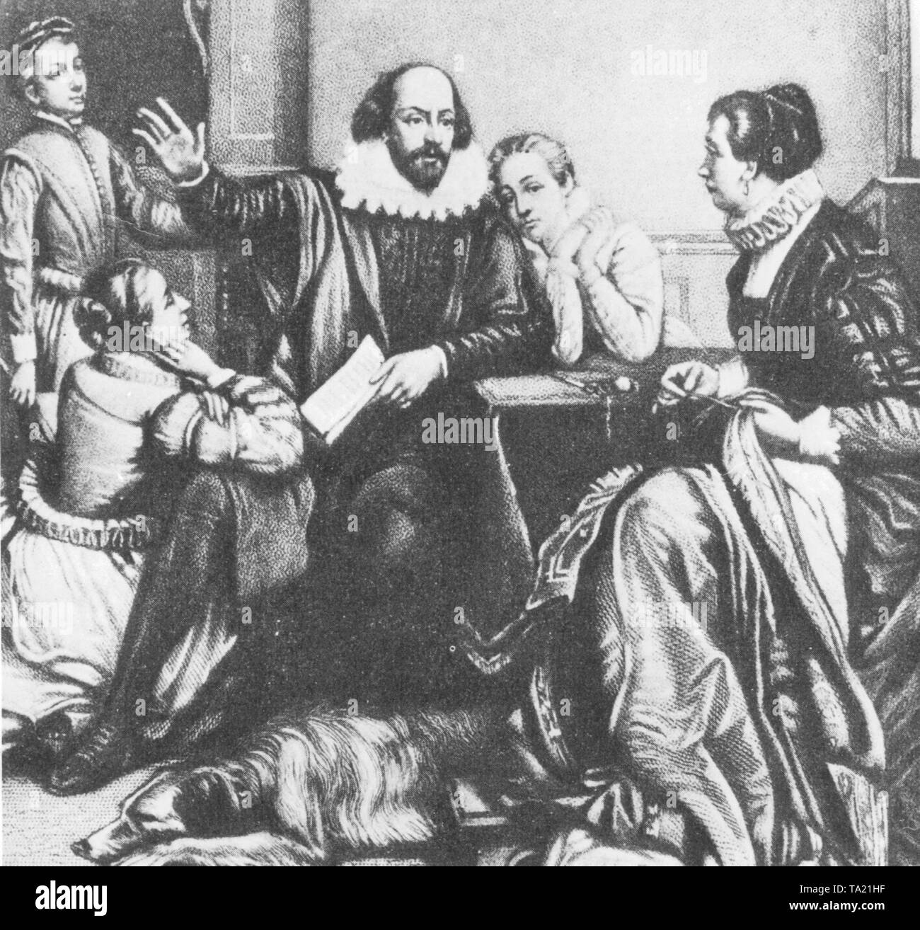 Le poète anglais William Shakespeare à la présentation d'Hamlet avec sa famille. Droit dans l'image, sa femme Anne Hathaway, sur le côté de Shakespeare, ses deux filles, Elizabeth et Judith. Banque D'Images