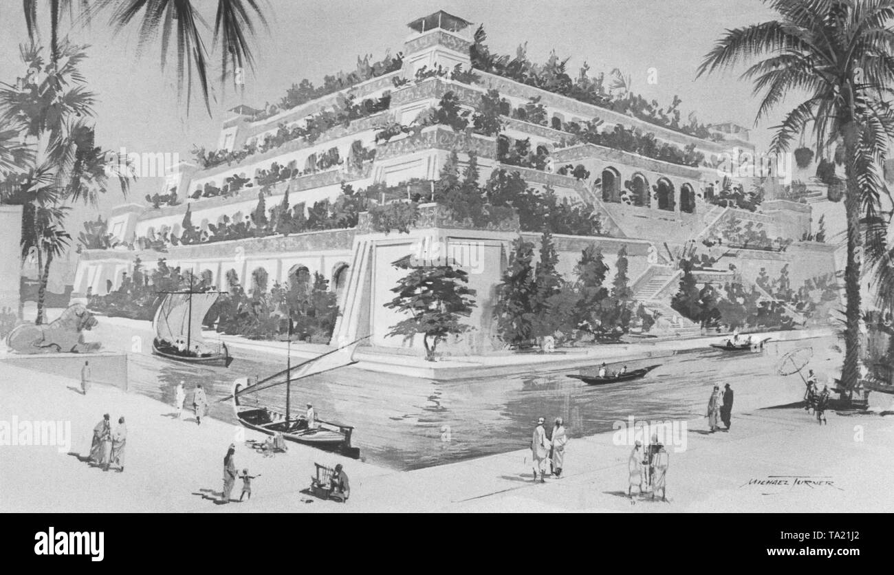 Autour de 600 avant J.-C. le roi Nebucadnetsar a construit les jardins suspendus de Babylone pour sa femme Sémiramis, pour atténuer son mal du pays pour les vertes collines de sa patrie Media en Perse. Banque D'Images