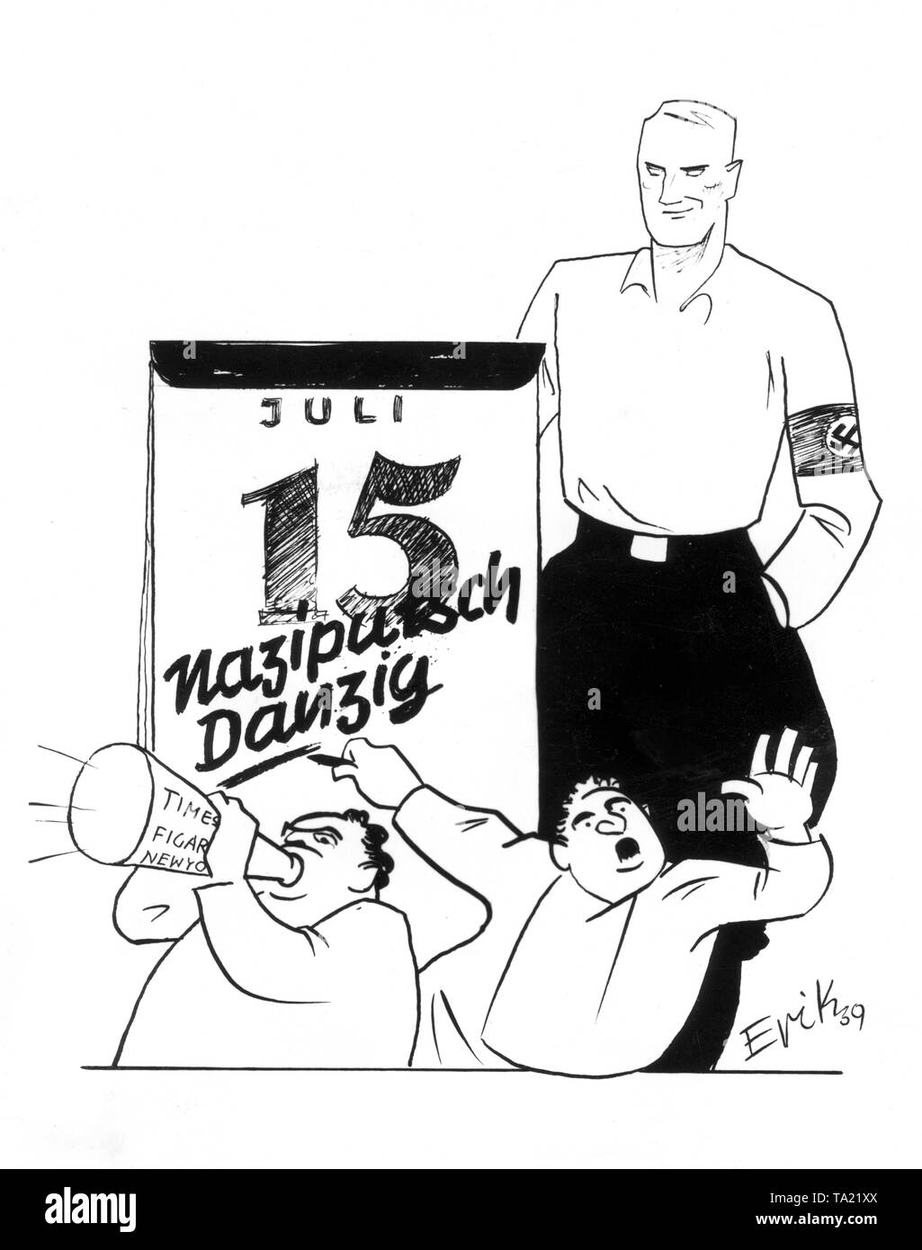 Cette caricature de Erik montre deux représentants de presse du New York Times et Le Figaro la prévision d'un coup d'État nazi. Derrière eux est un grand sourire sardonically national-socialiste. C'est à dire, d'une part, que les socialistes nationaux agissent sur leur propre et, d'autre part, qui sont une menace contre l'Amérique et la France, qui doit compter avec le Reich allemand en tout temps. Banque D'Images
