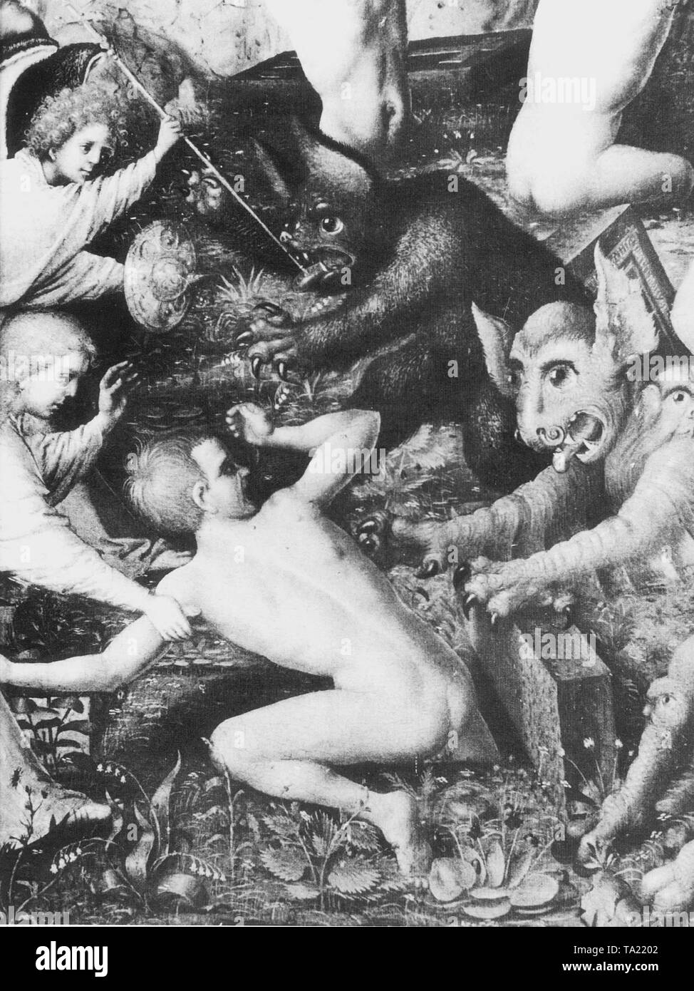 Le Jugement dernier par Stefan Lochner (1430). Le diable est ici présentée comme un animal monster. Les gens ressuscités de leurs tombes sont protégée de lui par les anges. Banque D'Images